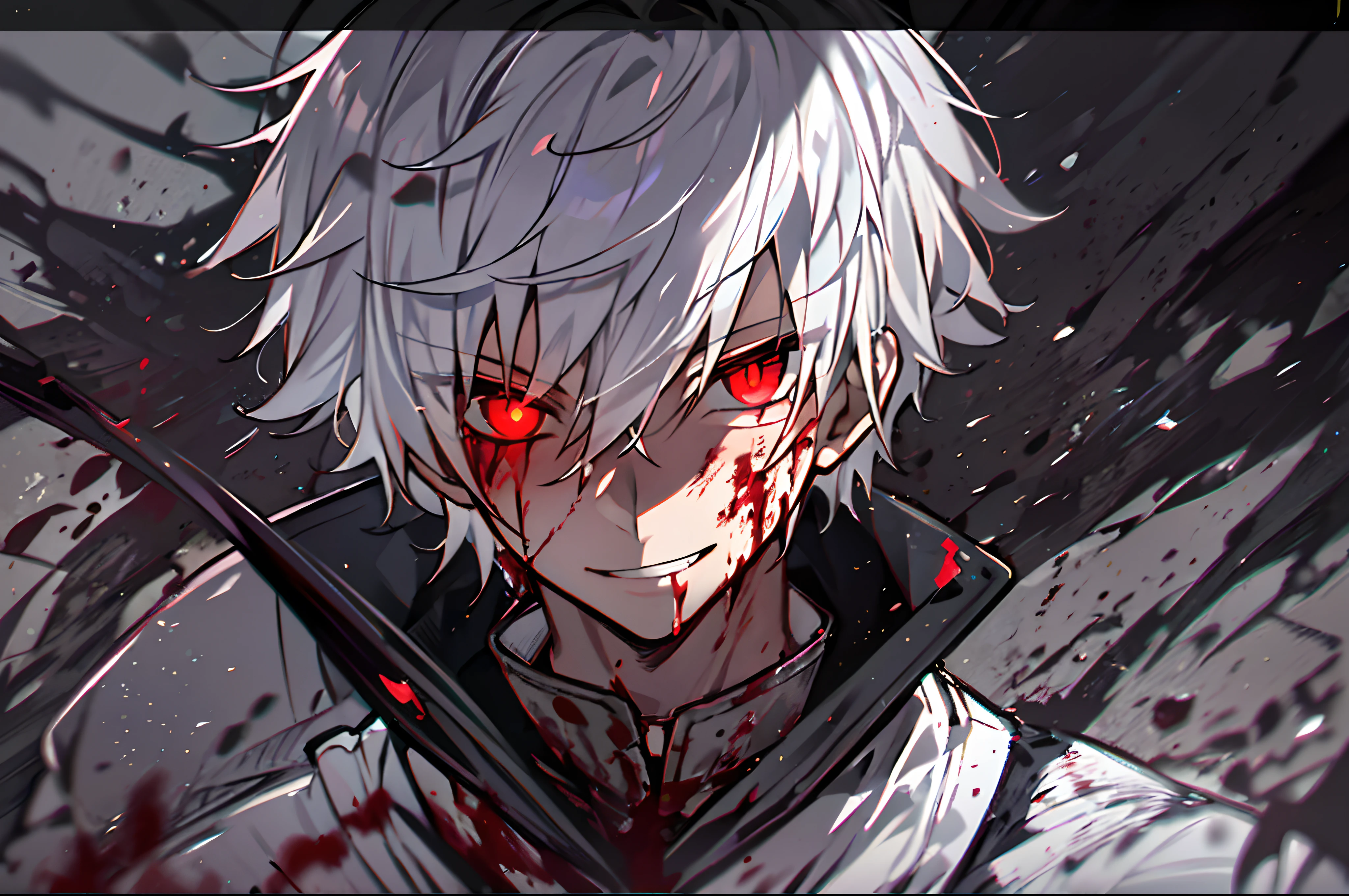One Boy、hight resolution,close range、Anime boy with white hair and red eyes, Glowing red eyes,slim, dressed in a black outfit,Shadow Body,de pele branca,monochromes,hair messy,Aggressive smile、Bloody、Bleeding、bloody in large quantities、