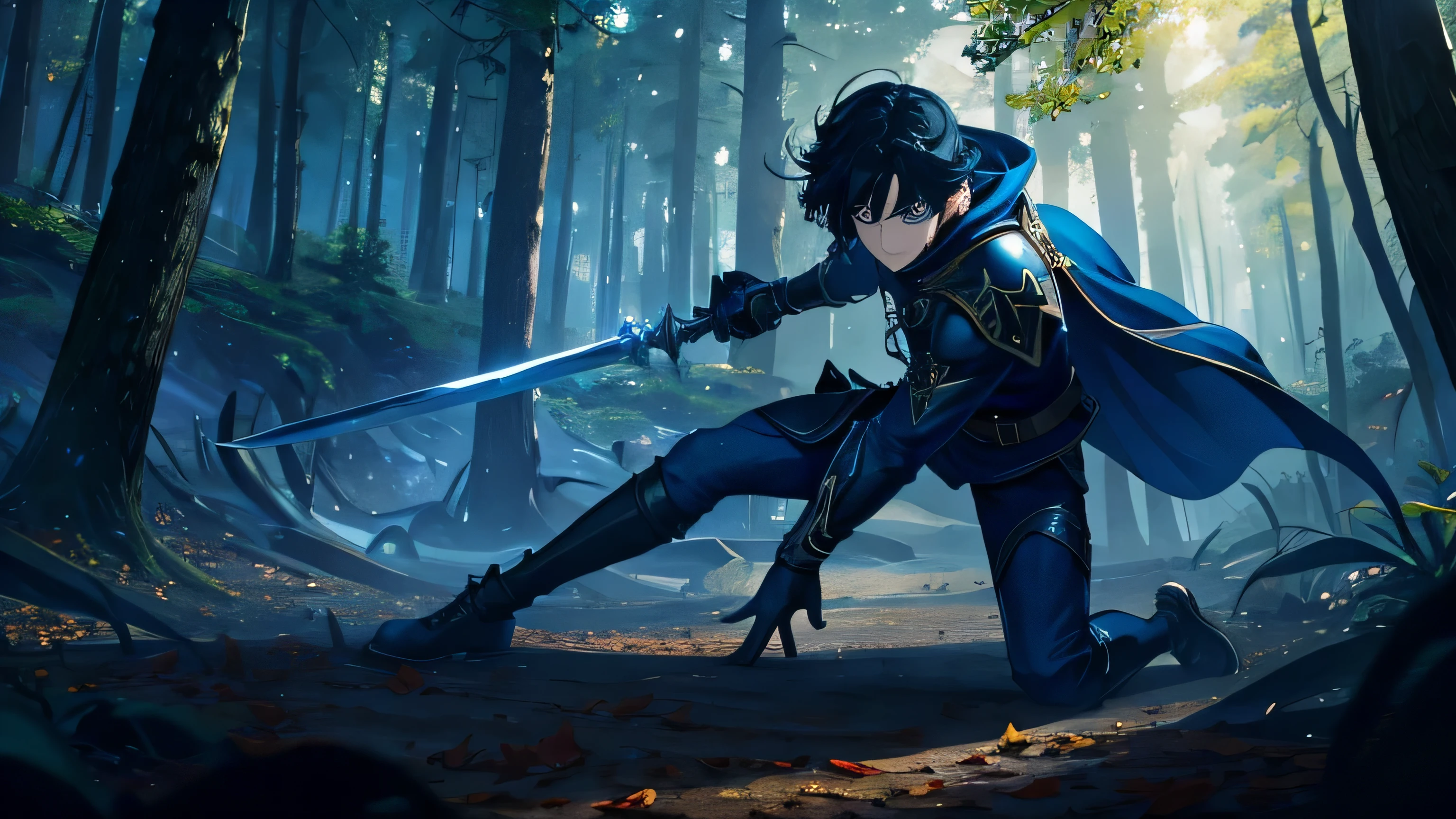 Best quality, 8K, masterpiece, ultra high res, boy, elf, blue eye, black hair, blue chestplate, dark blue leggings, black shoess, holding 1 hand sword, forest, falling leaves