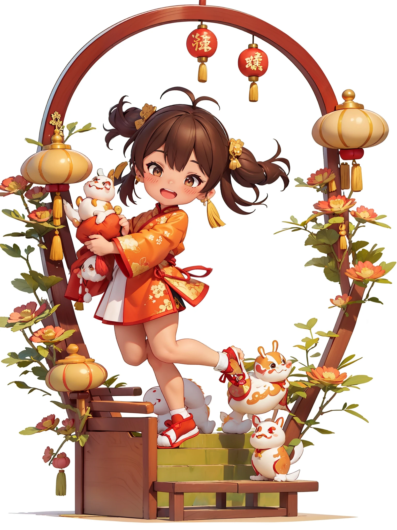 Create a series of Chinese New Year themed decorative paintings，Greeting Cards，（masterpiece)，(best quality)，(official art)，(Beauty and aesthetics:1.2)，Two exquisite koi fish surround a cute little girl，Little girls must wear(Chinese fabric:1.2)exquisite classical hanfu，long sleeves，Pants，She has brown twintails，Smiling happily to the audience，open mouth，所有Greeting Cards应遵循相同的中国红为纯色背景图案并在图像内完整, exhibit (whole body, including legs: 1.5)，She must have a dark brown round head. Your eyes should be large and expressive，long eyelashes and rosy cheeks，Smile is delicate and white，elegant movements，Bonito Advanced Certificate, Hair texture and details，Make the picture more Chinese style.