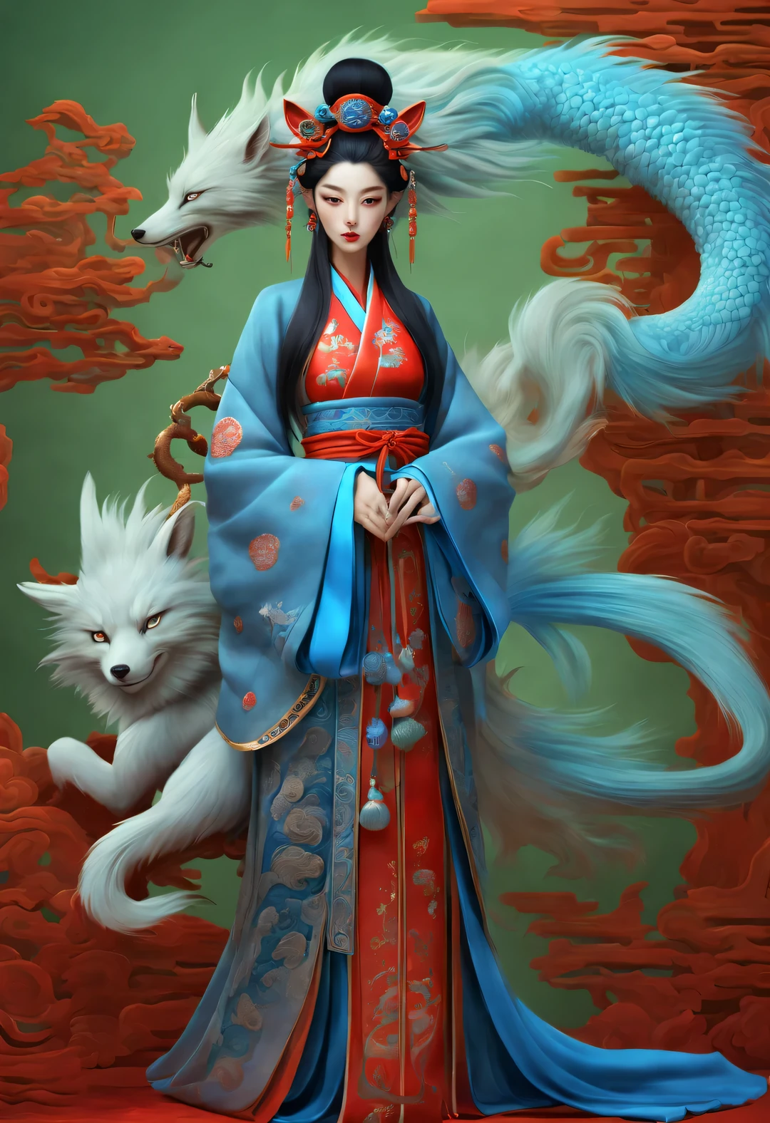Zbrush style red and blue fashion painting, East, Featuring soft realism and surreal details, Green and sky blue, wrapped tail, Charming nine-tailed fox, Ancient Chinese mythical beast-Nigi 5-s 50-ar 9:16-Chaos 5