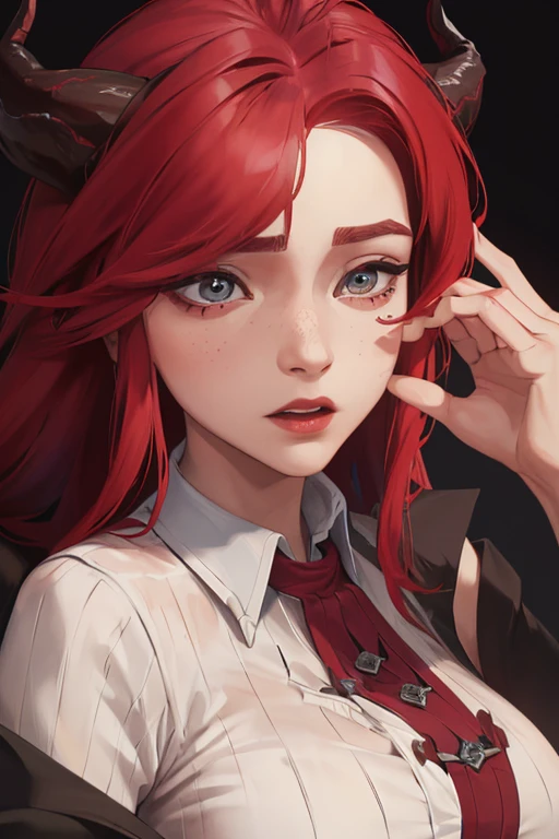 Very detailed, Alluring female with horns, tight shirt, (plump, The are too big，shirts always torn, Red hair), Centered on the face, face focus, complicated eyes,