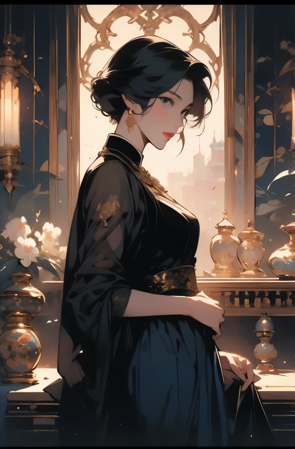 A painting of a beautiful young woman standing quietly, 美しいHongkongの夜景, flower of society, She is wearing an elegant purple cheongsam, Inspired by Chen Yifei, Inspired by Francesco Hayez, Inspired by Hendrik Terbruggen, Jean=Works that influenced Auguste Dominique Ingres, Inspired by Liu Jun, Jean=Works that influenced Auguste Dominique Ingres, highest quality, perfect angle, perfect composition, best shot, official art, cinematic light, figurative art, Beautiful and expressive paintings, Beautiful artwork illustration, wonderful, cool beauty, clear, Mysterious, highest quality, official art, perfect composition,perfect angle, best shot, women only, sharp outline, In the middle of a conspiracy, Anna May Wong, faces behind the scenes, dark government official, dark mission, first class agent, Government agencies, トップクラスの大物spy, 有能な女spy, 美しい女性spy, pretty much beautiful face, spy, spy X21, carrying a concealed gun and knife, Eyes without pupils, color eye, ideal anima, melancholy, nostalgia, romantic, 1930s, Hongkong, beautiful cityscape, sepia memories, unforgettable woman, close