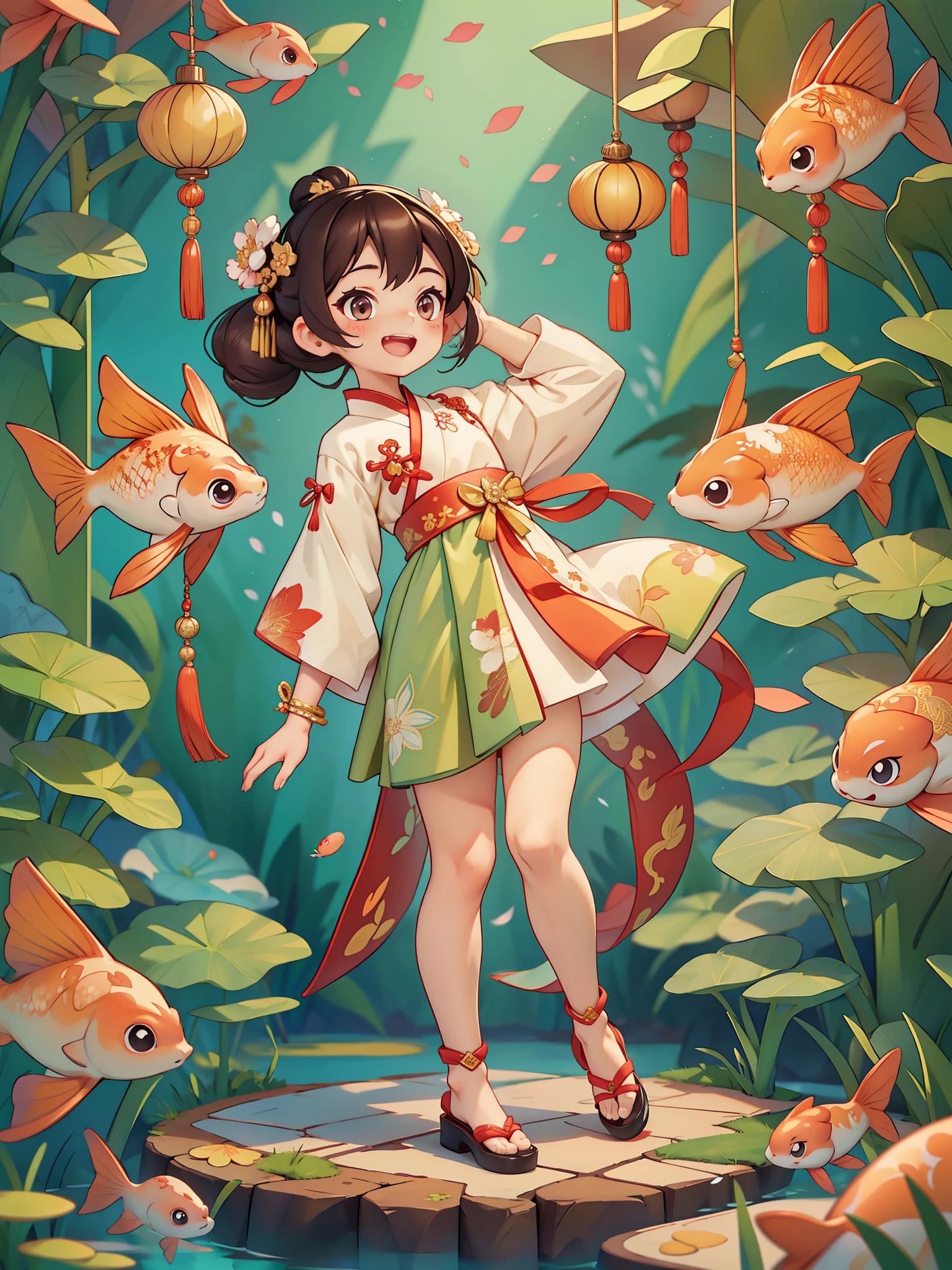 Create a series of Chinese New Year themed decorative paintings，Greeting Cards，（masterpiece)，(best quality)，(official art)，(Beauty and aesthetics:1.2)，Two exquisite koi fish surround a cute little girl，Little girls must wear(Chinese fabric:1.2)exquisite classical hanfu，long sleeves，Pants，She has brown twintails，Smiling happily to the audience，open mouth，所有Greeting Cards应遵循相同的中国红为纯色背景图案并在图像内完整, exhibit (whole body, including legs: 1.5)，She must have a dark brown round head. Your eyes should be large and expressive，long eyelashes and rosy cheeks，Smile is delicate and white，elegant movements，Bonito Advanced Certificate, Hair texture and details，Make the picture more Chinese style.