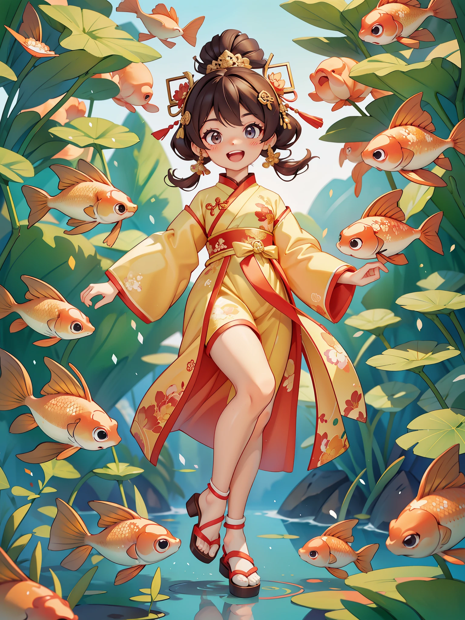 Create a series of Chinese New Year themed decorative paintings,Greeting Cards,(masterpiece),(best quality),(official art),(Beauty and aesthetics:1.2),Two exquisite koi fish surround a cute little girl,Little girls must wear(Chinese fabric:1.2)exquisite classical hanfu,long sleeves,Pants,She has brown twintails,Smiling happily to the audience,open mouth,所有Greeting Cards应遵循相同的中国红为纯色背景图案并在图像内完整, exhibit (whole body, including legs: 1.5),She must have a dark brown round head. Your eyes should be large and expressive,long eyelashes and rosy cheeks,Smile is delicate and white,elegant movements,Bonito Advanced Certificate, Hair texture and details,Make the picture more Chinese style.