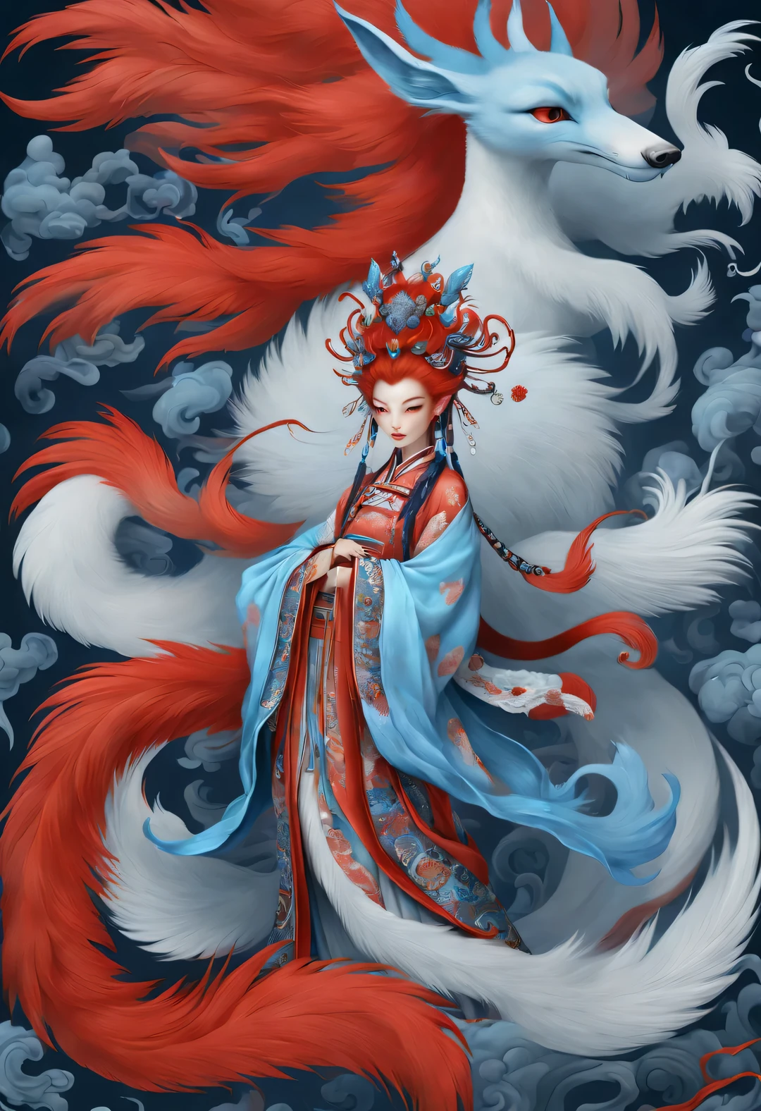 Zbrush style red and blue fashion painting, East, Featuring soft realism and surreal details, Shades of blue and sky blue. Many fluffy tails twine around the fox&#39;s nine charming red tails, Ancient Chinese mythical beast-Niji 5-s 50-ar 9:16-Chaos 5