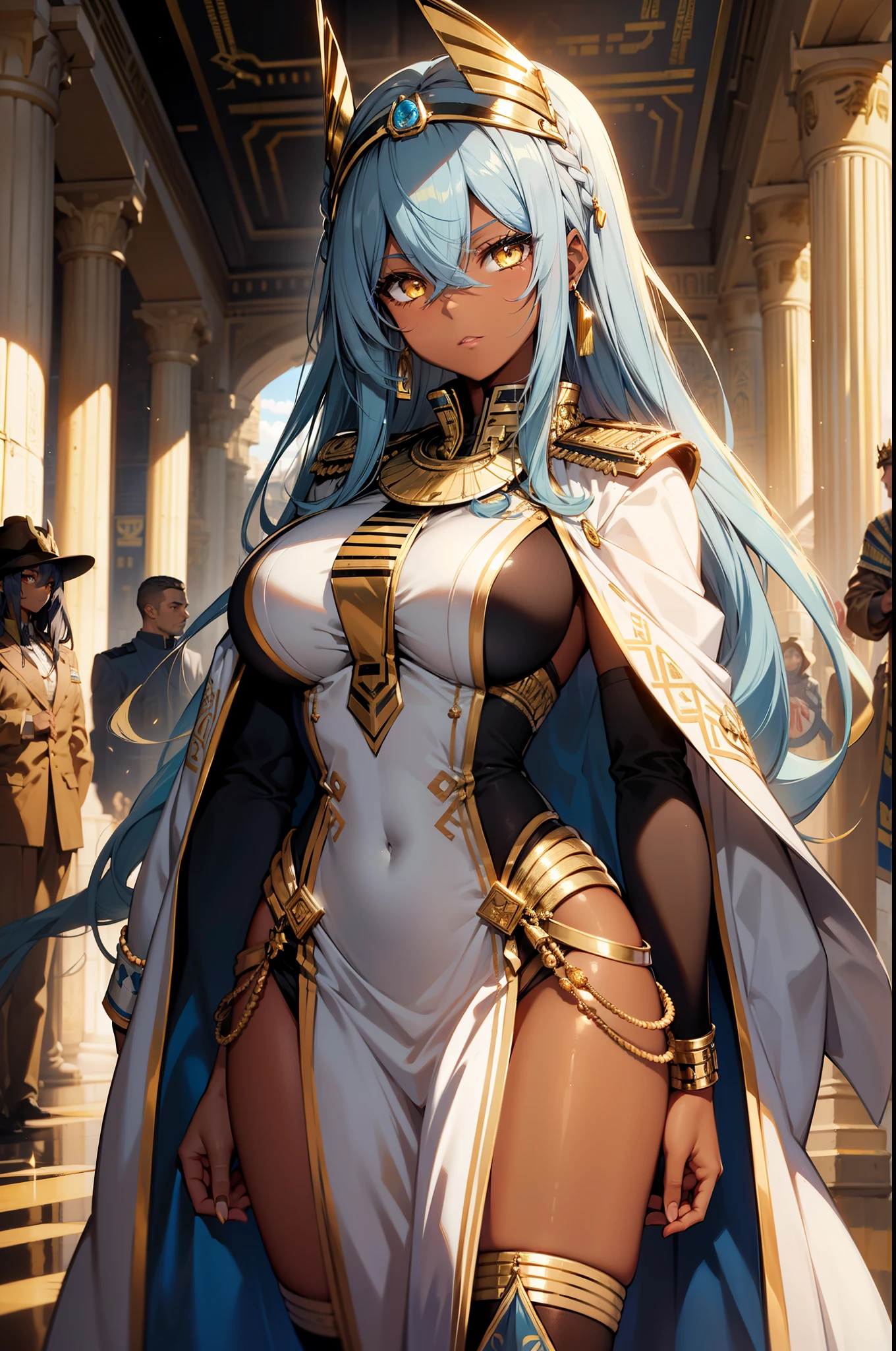 (masterpiece, best quality:1.2), illustration, 8k, hd, solo, 1girl, ((tan, dark skin)), egyptian girl, long hair, dusk blue hair, golden diadem on head, wearing Egyptian clothes, blue military uniform, golden palace, cowboy shot, thigh highs, medium breasts, yellow eyes, voluptuous, coat, hair between eyes, braided hair,
