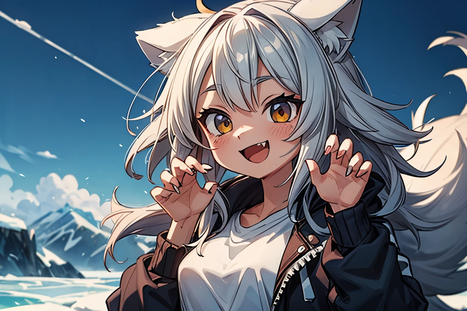 ((masterpiece)), best quality, ultra-detailed, beautiful, nai3, 1girl, solo, smile, wolf girl, wolf ears, wolf tail, fluffy, messy hair, silver hair, fangs, open mouth, :d, open jacket, no shirts, (claw pose on Arctic Glacier), sharp fingernails, black nails, (moe artstyle:1.2), (scribble lineart1.2), (messy lineart:1.2), (sketch:1.3)