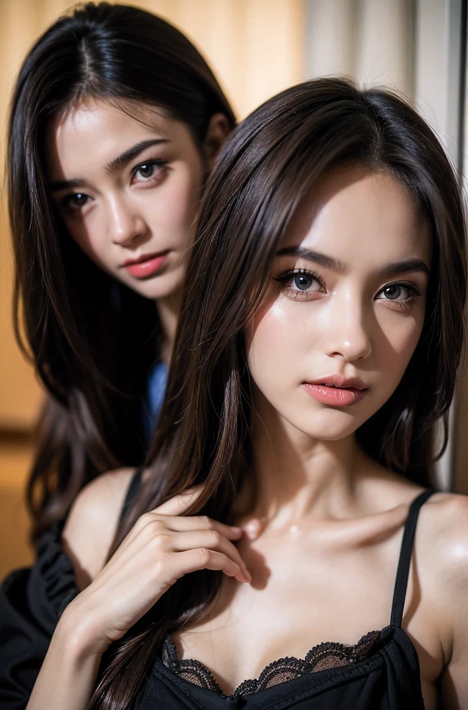 (8K RAW photo:1.5), (highest quality:1.5), (ultra high resolution:1.5), [[outlined vector graphics:1.2]], (1 female, 19 years old:1.2), (shiny skin:1.2), (fine skin:1.2), (detailed face, fine eyes:1.2), detailed background, (despise:1.2), (purple eyes:1.1), (mega breast:1.2), slender body, (Gothic ta, ponytail, long hair,light brown hair,:1.2), Massaging asian woman&#39;s japanese pussy - asiandoogirls, multiple girls, 2 girls, realistic, censored