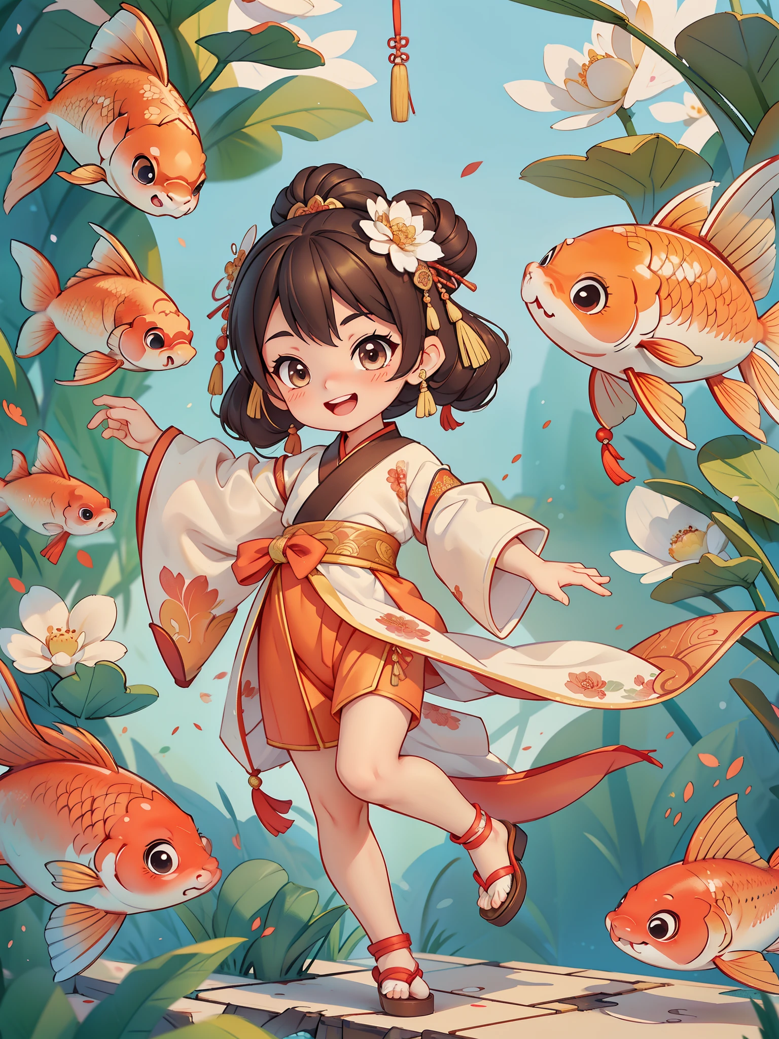 Create a series of Chinese New Year themed decorative paintings，Greeting Cards，（masterpiece)，(best quality)，(official art)，(Beauty and aesthetics:1.2)，Two exquisite koi fish surround a cute ，Little girl(Chinese fabric:1.2)exquisite classical hanfu，long sleeves，Pants，She has brown twintails，Smiling happily to the audience，open mouth，所有Greeting Cards应遵循相同的中国红为纯色背景图案并在图像内完整, exhibit (whole body, including legs: 1.5)，She must have a darown round head. Your eyes should be large and expressive，long eyelashes and rosy cheeks，Smile is delicate and white，elegant movements，Bonito Advanced Certificate, Hair texture and details，Make the picture more Chinese style.