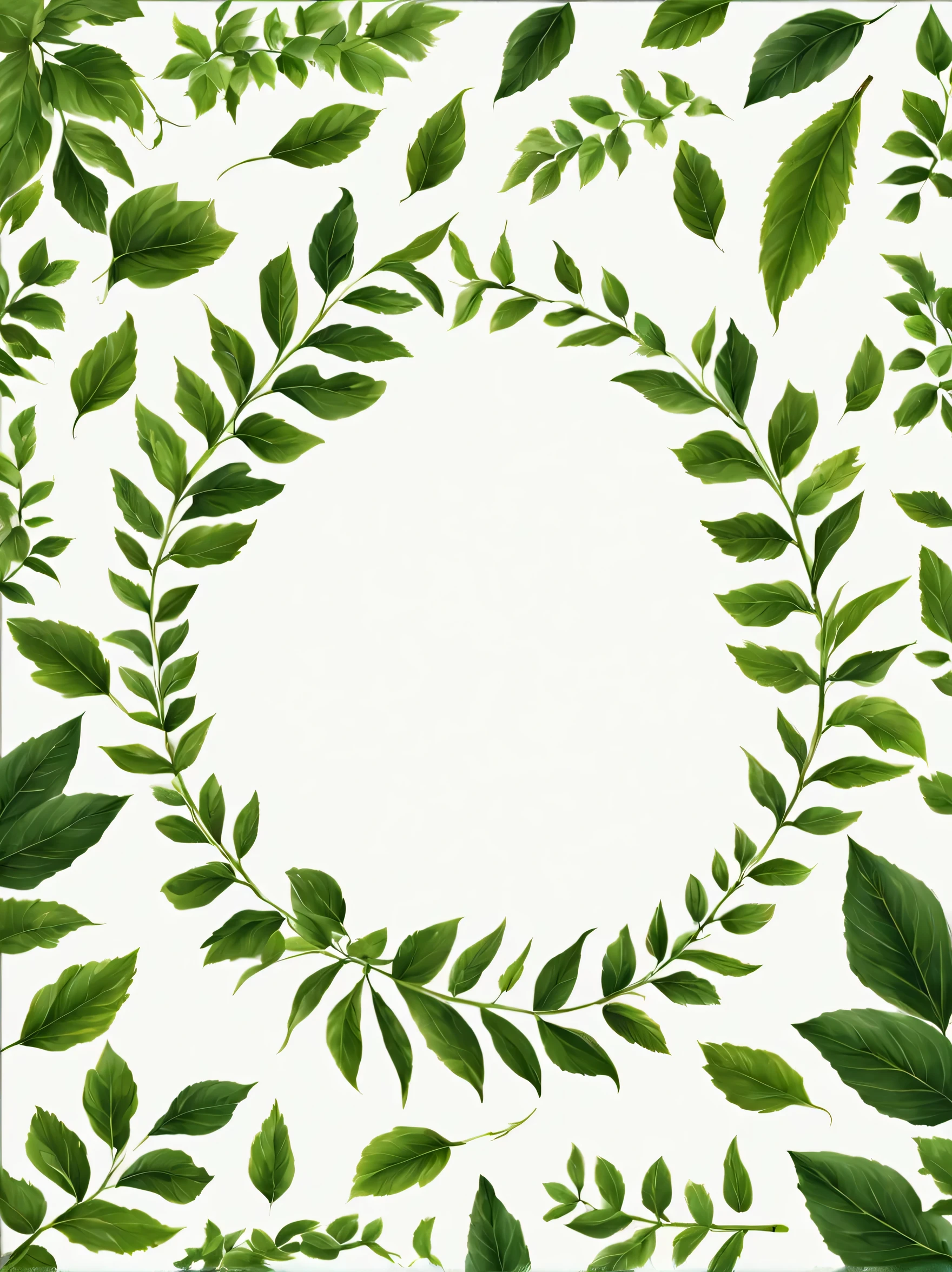 there is a circular frame made of full shape green leaves on a white background, green foliage, green leaves, branches and foliage, many leaves, vegetable foliage, woody foliage, botanical background, overgrown foliage, white background : 3, leaves, dark green leaves, leaves foliage and stems, leaves and vines, leaves on branches, botanic foliage, in laurel wreath, leaves in foreground