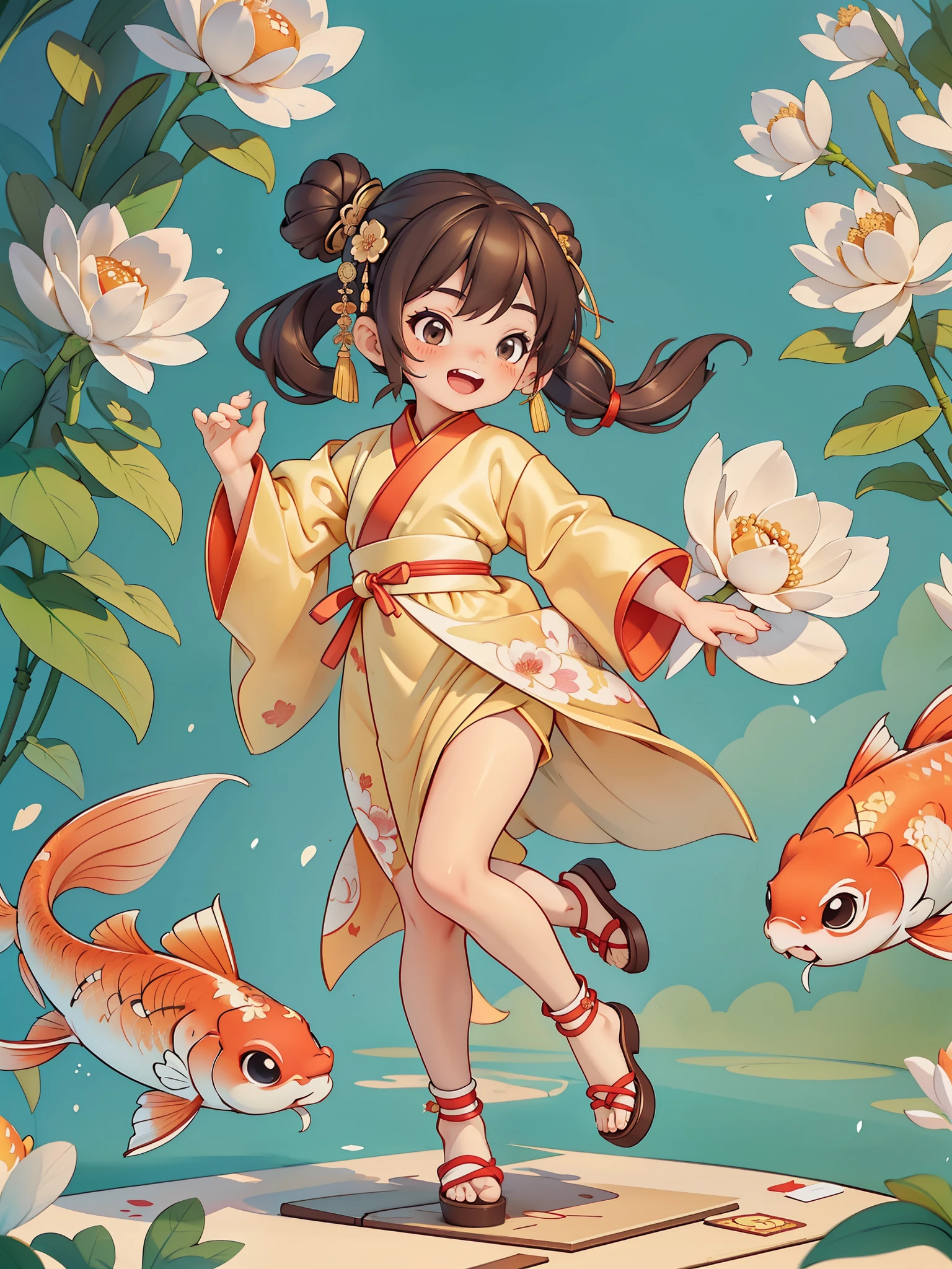 Create a series of Chinese New Year themed decorative paintings,Greeting Cards,(masterpiece),(best quality),(official art),(Beauty and aesthetics:1.2),Two exquisite koi fish surround a cute little girl,Little girls must wear(Chinese fabric:1.2)exquisite classical hanfu,long sleeves,Pants,She has brown twintails,Smiling happily to the audience,open mouth,所有Greeting Cards应遵循相同的中国红为纯色背景图案并在图像内完整, exhibit (whole body, including legs: 1.5),She must have a dark brown round head. Your eyes should be large and expressive,long eyelashes and rosy cheeks,Smile is delicate and white,elegant movements,Bonito Advanced Certificate, Hair texture and details,Make the picture more Chinese style.