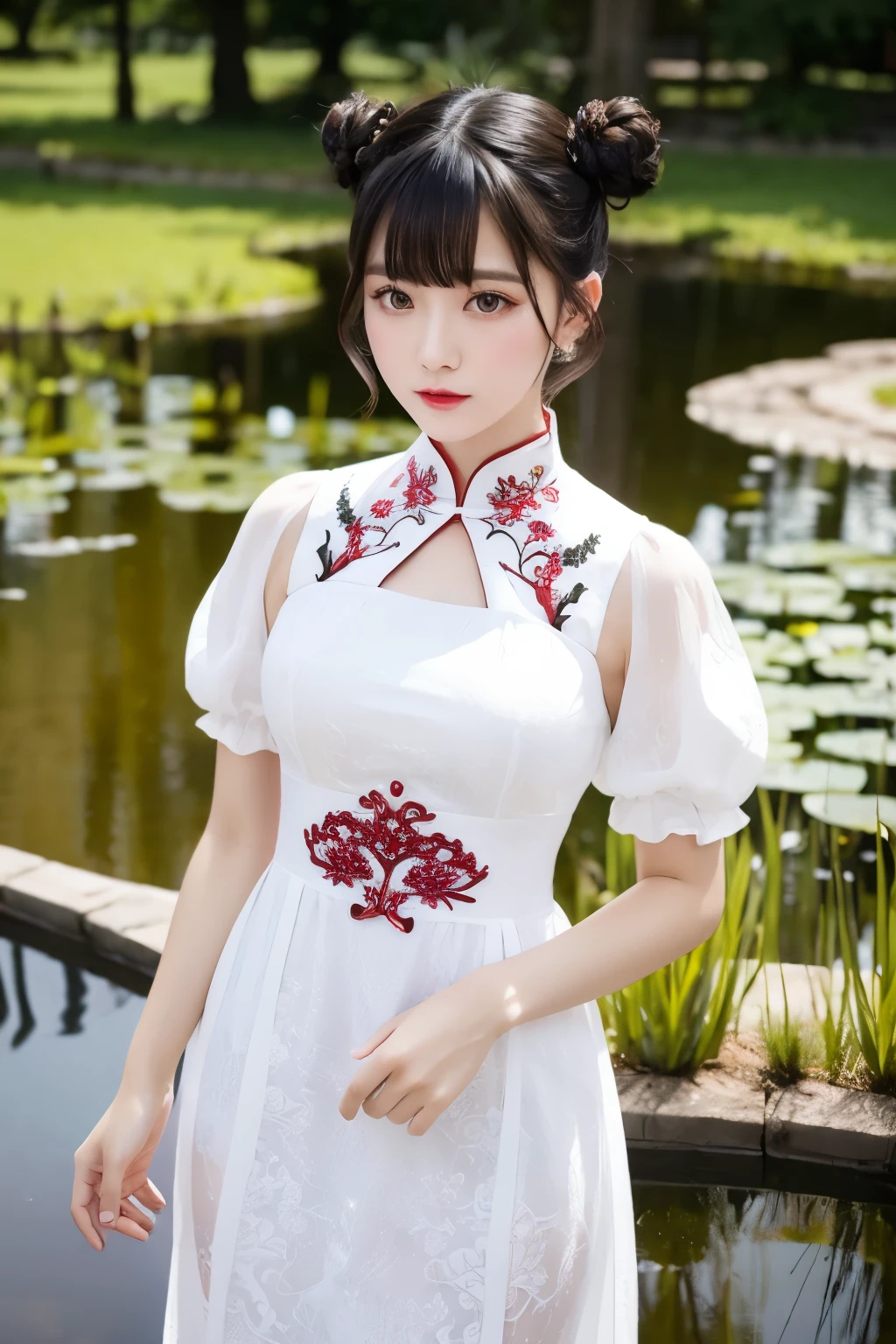 Twin Bun Hair、black hair、With bangs、sexy body、Sexy white Chinese dress with dragon embroidery、Standing in front of a pond、staring at me
