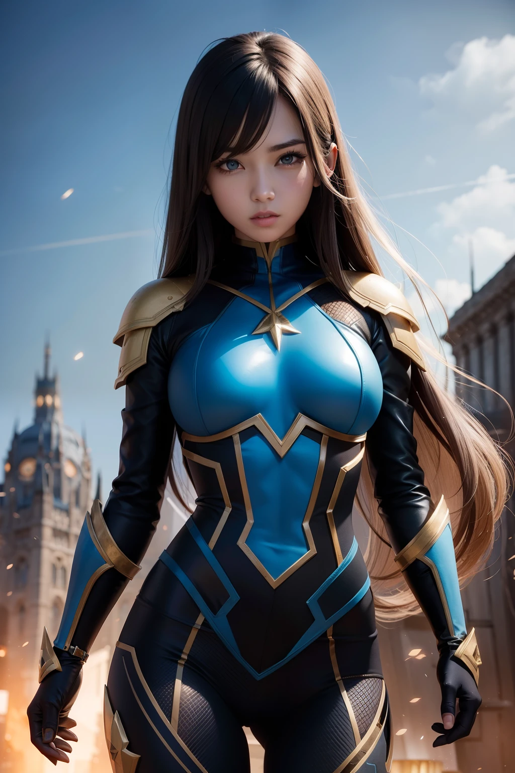 Waist up super heroine hot ocidental teen (masterpiece), best quality, expressive eyes, perfect face, art in fantasy anime mythic action effect, sharp focus, wearing super detailed suit with mechanicles part