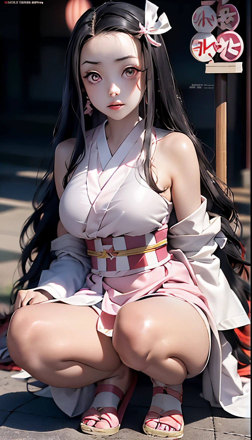 (*K) HD, highest quality, WorKs of masters, High resolution, 1 girl, nezuKo Kamada, ((nezuKo of demon slayer)) super beautiful face, Super beautiful eyes, Super beautiful hair，trendy outfit，magazine cover，sexy and attractive，explosion of colors，BlacK color hair，Big hairpin，full body esbian，squatted