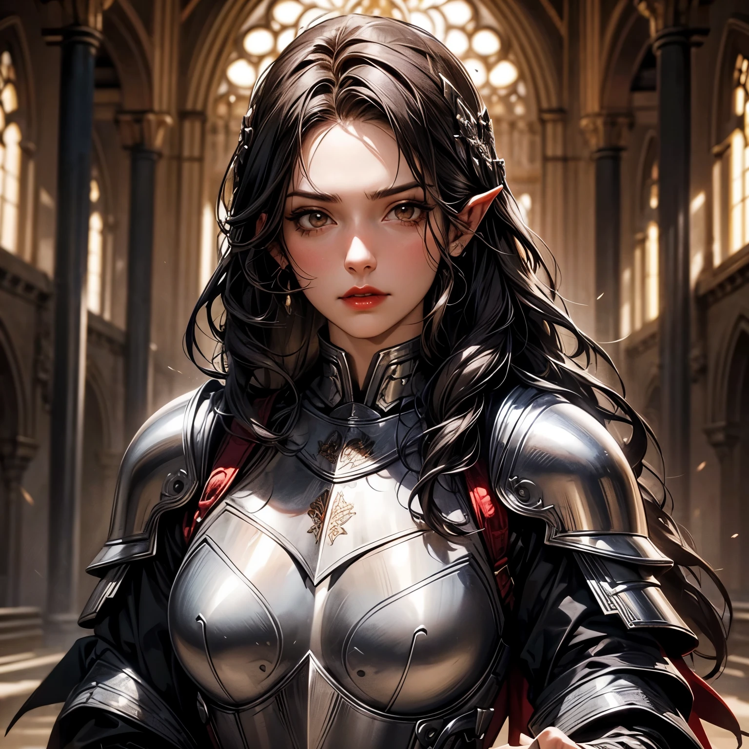 a young woman knight portrait, mature, woman, portrait, close, big red lips, arrogant, serious face, middle length styled black wavy hair, a string of hair on her face, brown eyes, no helmet, patterns on the armor, many pieces armor, detailed armor pieces, elf-made armor, shiny metal, silver, knight armor, beautiful sword, standing in an empty hall, high ceilings, stained glass, realistic
