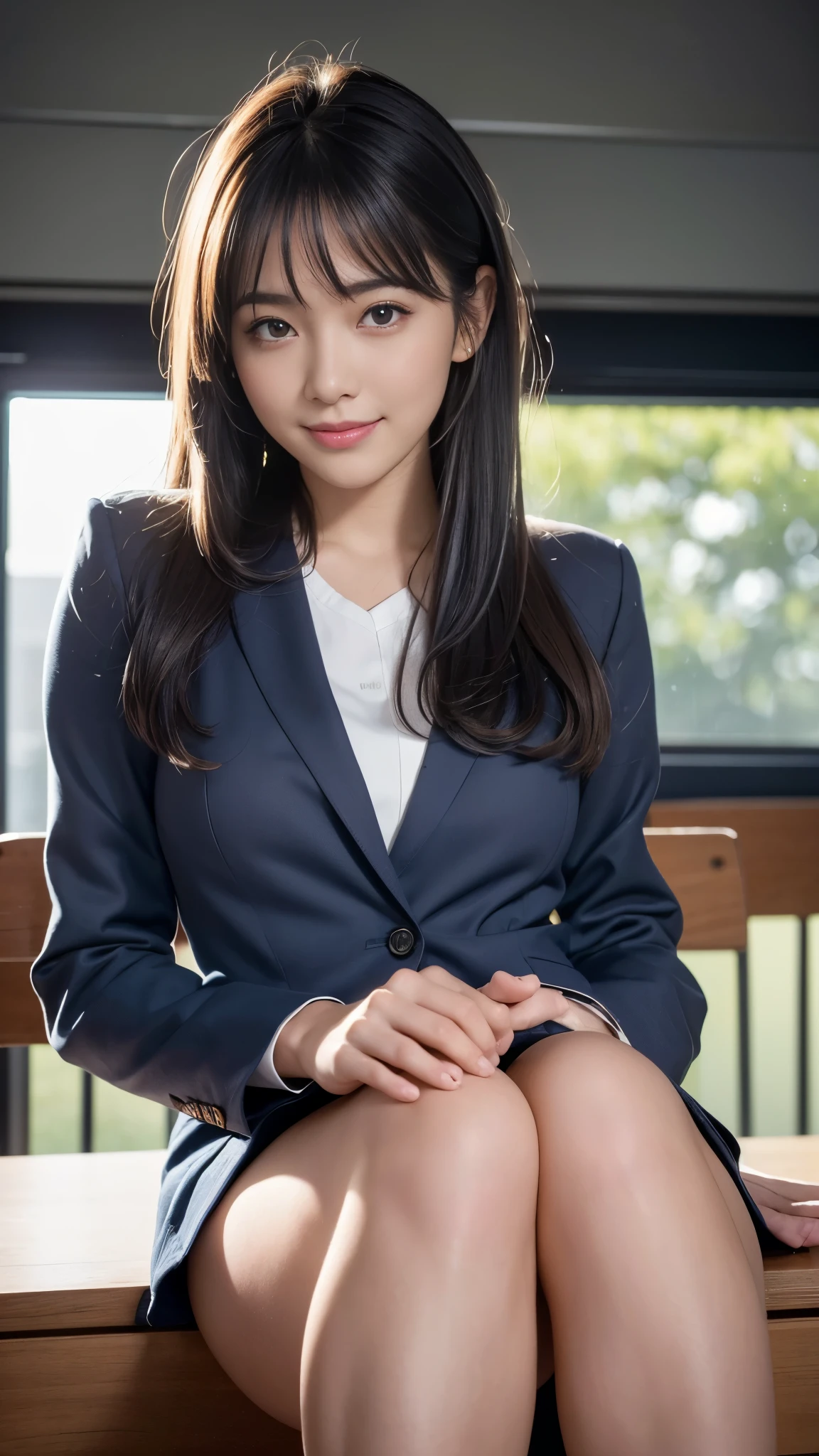 Random View, full body plane, anime, estilo anime de mujer realist, 20year old girl, ((gray blazer, tape, navy blue mini skirt,)), university classroom, beautiful details of the eyes, (eye size: 3/4) face light, ((full body photo: 1.2)), particularly strong light, (upper grade, smile: 1.2), shiny skin, (((random hair color))), (thick thighs), Ulchan-6500-v1.1: 0.2, shy, (flash: 1.2), NSFW , (swollen), ((seductive posture: 1.2, Charm: 1.2)), (inactive), (sitting at the desk: 1.2)), ((excellent anatomy: 1.2)), Bright and refreshing classroom, Cute symmetrical face, natural side lighting, 8K, photo raw, excellent quality, masterpiece, High-resolution RAW color photos Professional close-up photos, (realist, photorealism: 1.37), (of highest quality), (High contrast light shadows), (best illustration), (erotic, sexy, ultra high resolution, 8K HD unified CG wallpaper, physical manifestation, movie lighting), Canon EOS R50 camera and 50mm lens、smile、Spread your knees apart、Perfect body line、beautiful feet、Photo angle from below