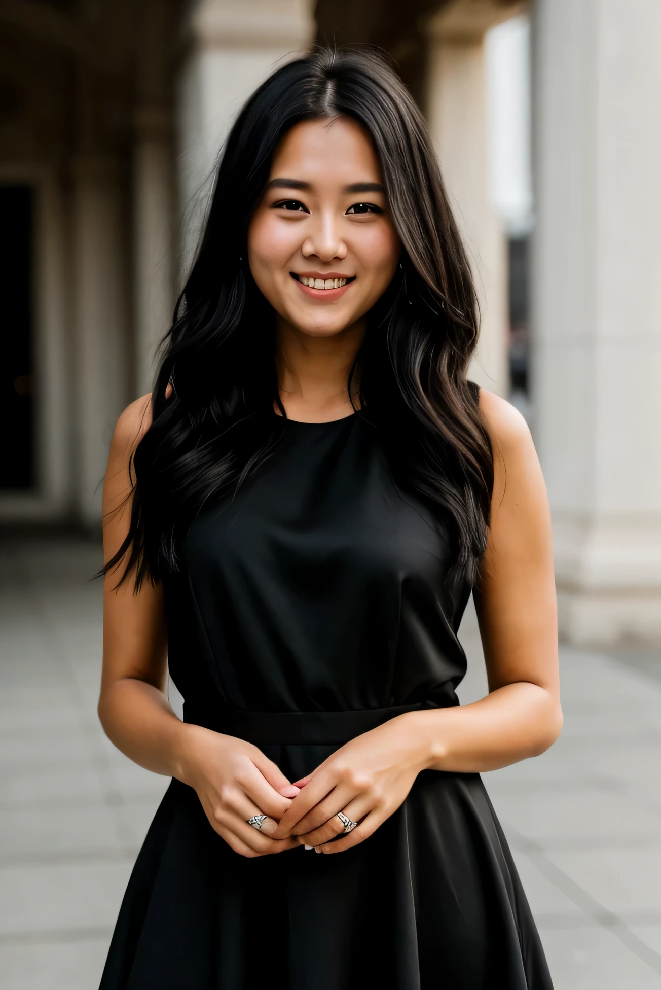 RAW photo, face portrait photo of beautiful 26 y.o woman, cute face, wearing black dress, happy face, hard shadows, cinematic shot, dramatic lighting