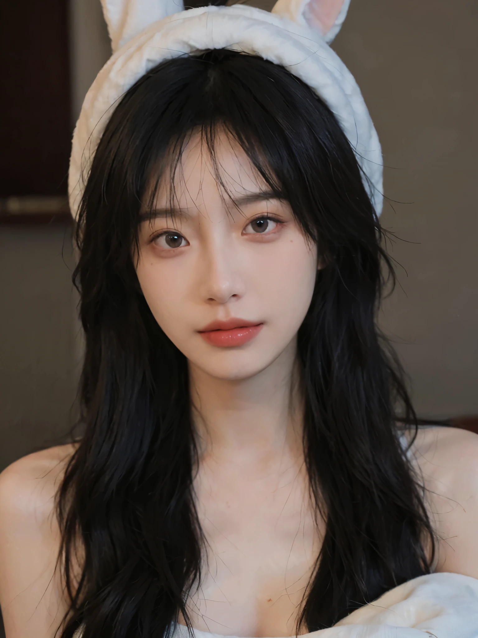 Film portrait photography, 1 girl, bare shoulders,lipstick,Photos without makeup,(flat chest:1.4), Shoulder length wavy hair, wearing bunny hat,serene, calm, (Realistic and detailed eyes, natural skin texture, Realistic facial details), Soft dramatic lighting, depth of field, Bokeh, Vibrant details, Detailed and detailed, surreal, 35mm film, hazy, ,