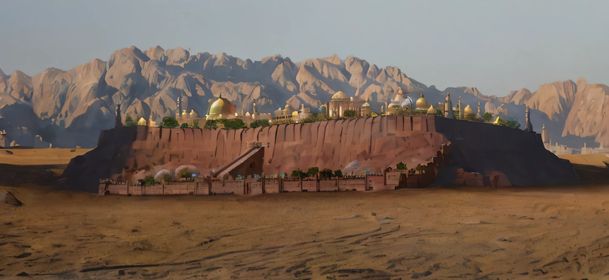 arabian city built on giant rock , high arabian walls , long city stairs , minarets , domes , golden domes , blue domes , palms , trees , detailed ,details ,real , realistic , highly detailed , very realistic  