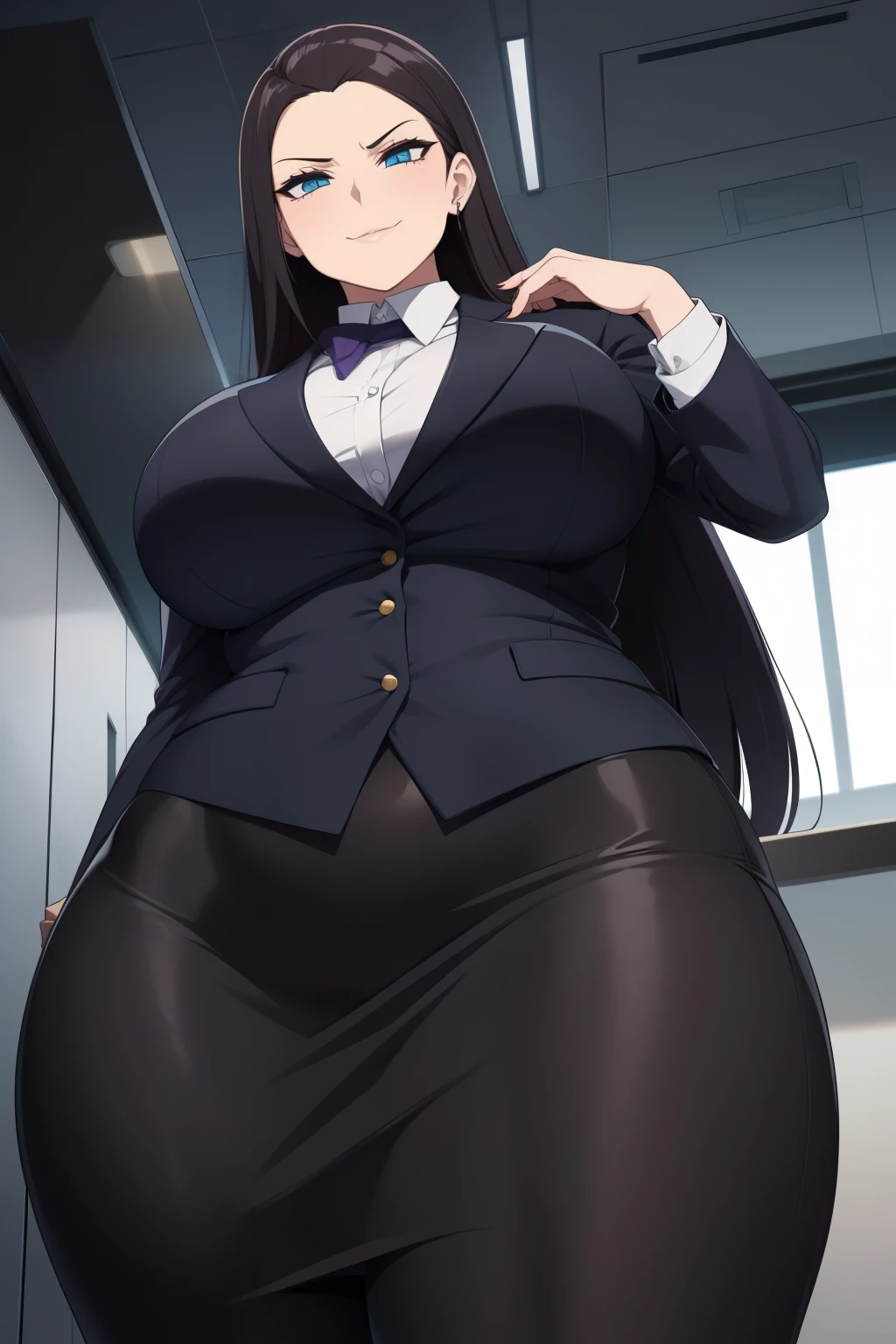 Woman in a business suit, curvy, busty, evil smirk, dominant stare, thick thighs, view from below, presenting her butt, lifting her skirt