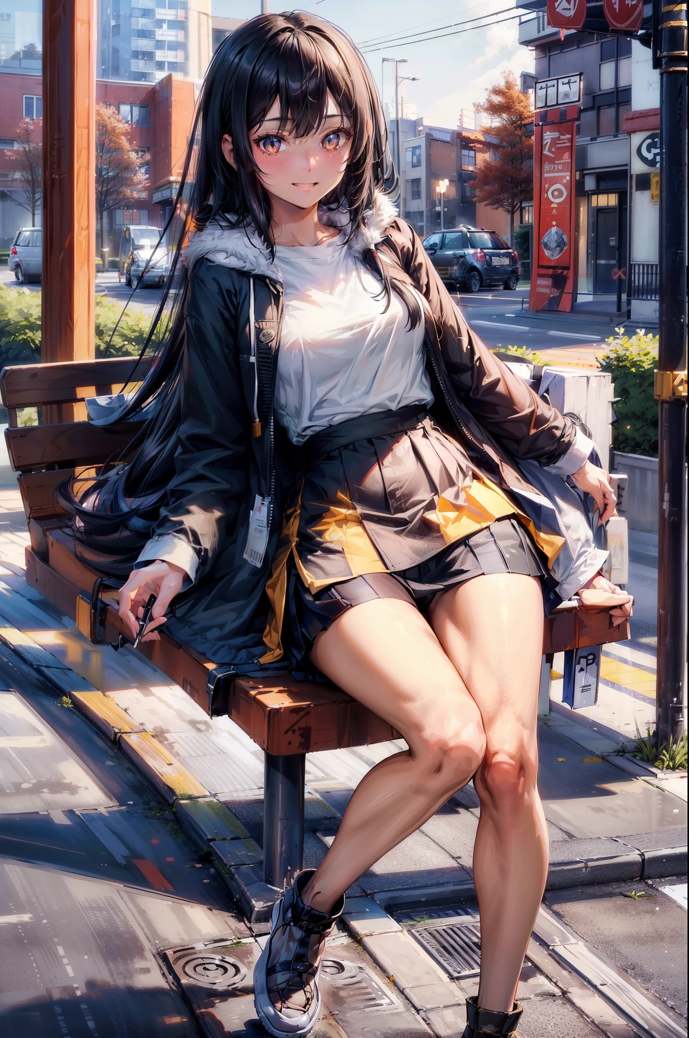 1 girl,underbust，Smile，(shirt:1.5),(Wearing mini skirt:1.2),(Leg length:1.3),(night，bus stop，​​Caiyun)，long black hair，Fur-trimmed hooded long coat，shopping center，ultra high definition, Ray tracing, reflected light， Correct structure, Award-winning, light, masterpiece, Super details, high quality, high detail, best quality,