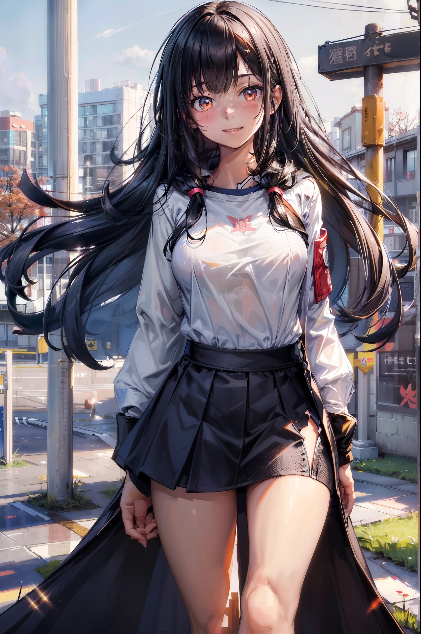 1 girl,underbust，Smile，(shirt:1.5),(Wearing mini skirt:1.2),(Leg length:1.3),(night，bus stop，​​Caiyun)，long black hair，Fur-trimmed hooded long coat，shopping center，ultra high definition, Ray tracing, reflected light， Correct structure, Award-winning, light, masterpiece, Super details, high quality, high detail, best quality,