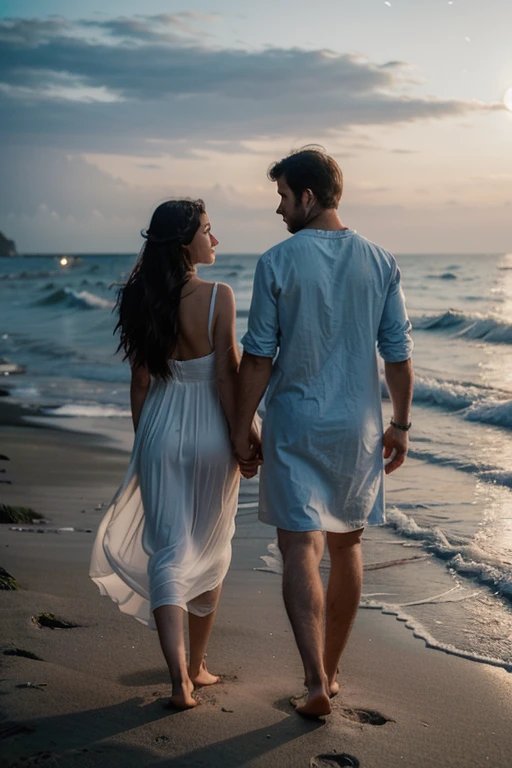 Location: Moonlit beach.
Ambience: Peaceful and romantic, sounds of gentle waves.
Couple's Expression: Mesmerized, peaceful.
Visual: Couple walking hand in hand along the shore, their path lit by moonlight.
Dress: Light, flowing fabrics; soft blues and whites.
