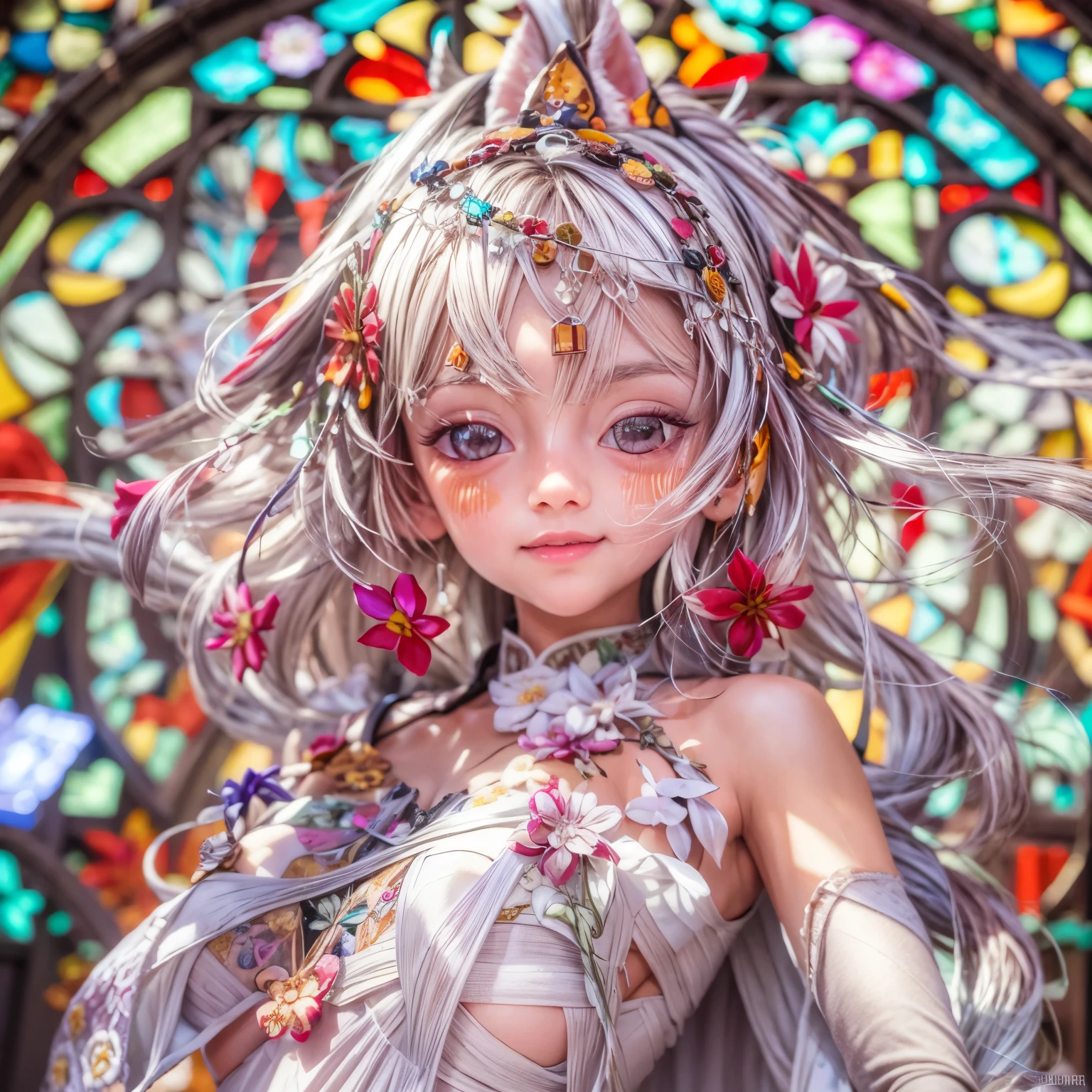 KAWAII girl in ((WHITE)) off shoulder, with Glossy RED lips, (Exposed:0.7), (nipple:-1), { Extremely closeup | Dynamic-angle }, ((Dazzling stained glass Background)), (( colorful Light pours down from stunning elaborate stained glass:1.2)), vivid Red colors . ((Acutance:0.8, physically-based 3D rendering with Volumetric lighting)), (masterpiece:1.2) of professional Analog photo with Hasselblad open aperture, (8K, ultra-detailed:1.35), (realistic, photorealistic, ((photo-realistic:1.37))with touch of rawness) . ((Renbutsu Misako)), (Extremely detailed KAWAII face variations, with Dynamic expressions),  (detailed eyes with sparkling highlights), captivating gaze, long eyelashes, subtle blush on the face, rosy cheeks, impeccable ivory skin texture . { full of flowers covering girl's body | Mystic sight | God rays | haze | Light Particle | Luminous Particle | Lens Flare | A Halo in the air | Overflowing underboob | Button Undoned } . (((Large eyes:-1))) .