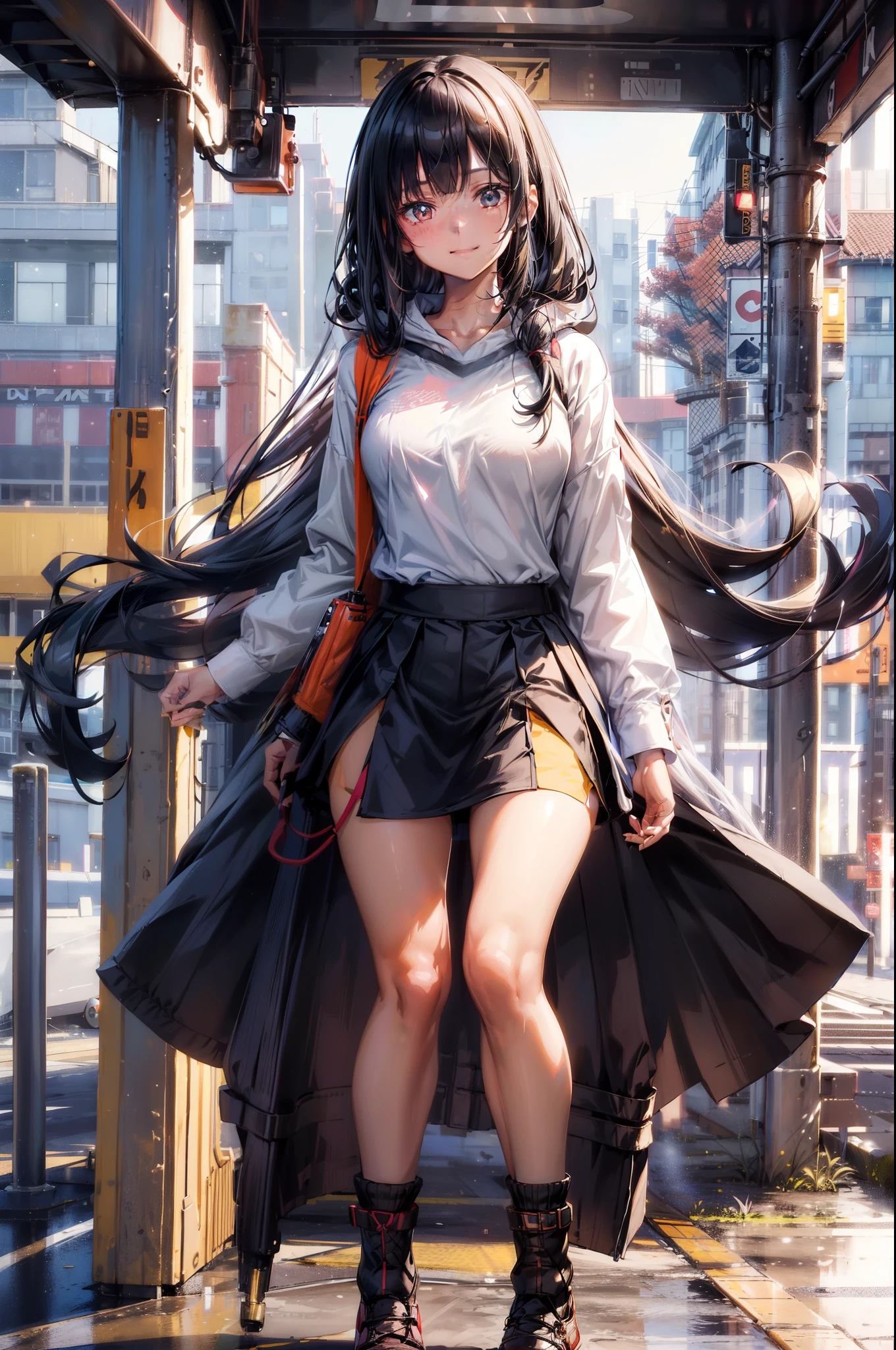 1 girl,underbust，Smile，(shirt:1.5),(Wearing mini skirt:1.2),(Leg length:1.3),(night，bus stop，​​Caiyun)，long black hair，Fur-trimmed hooded long coat，shopping center，ultra high definition, Ray tracing, reflected light， Correct structure, Award-winning, light, masterpiece, Super details, high quality, high detail, best quality,