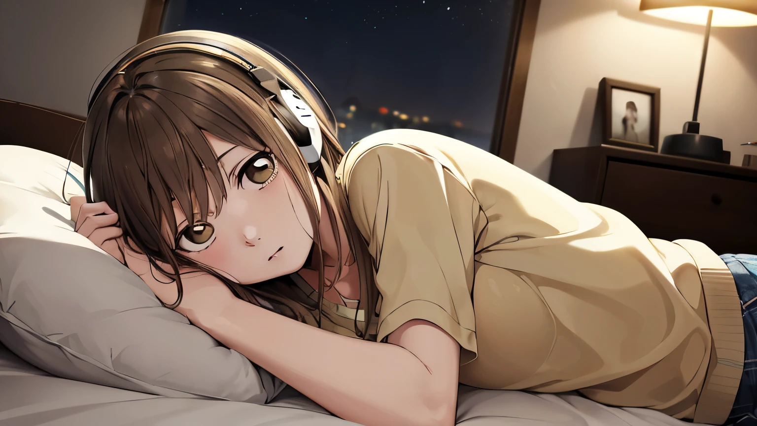 masterpiece, highest quality, High resolution, Achinatsu, medium hair, Girl listening to music in a cozy room at night, Use headphones, 2D anime style, hard disk, dark environment,lying on the bed、looks sleepy