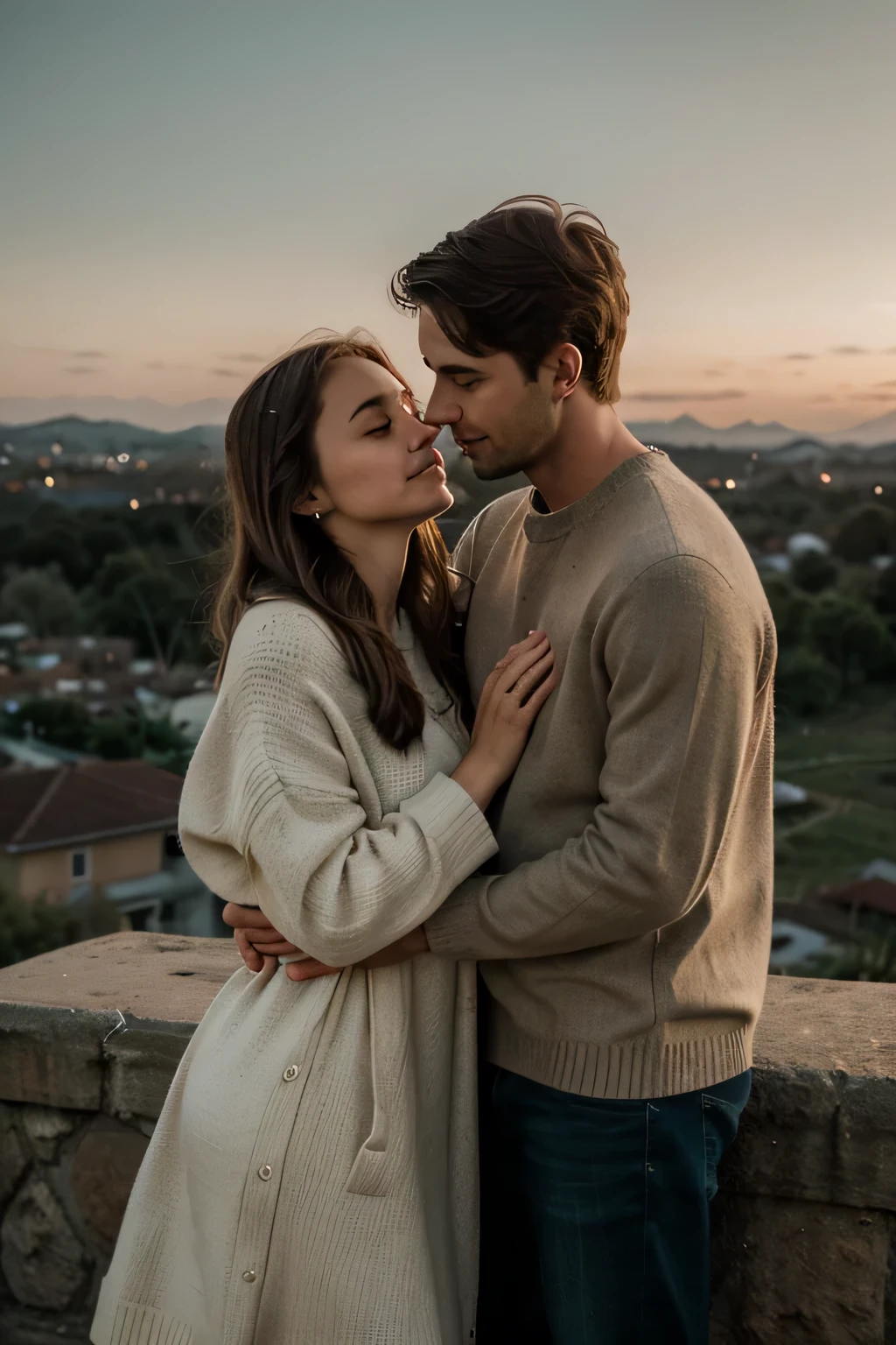 Location: Hilltop overlooking a sleepy town.
Ambience: Quiet, pre-dawn light.
Couple's Expression: Intimate and loving.
Visual: Couple embracing, watching the sky lighten.
Dress: Warm sweaters, neutral tones.