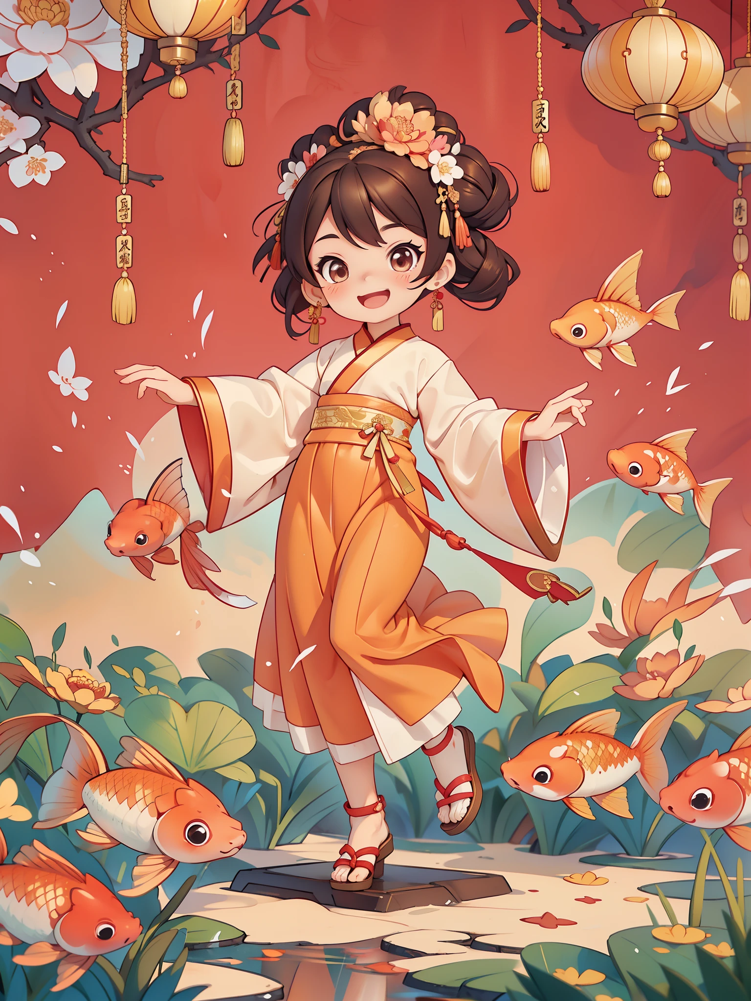 Create a series of Chinese New Year themed greeting cards，（masterpiece)，(best quality)，(official art)，(Beauty and aesthetics:1.2)，Two exquisite koi fish surround a cute  girl，Little must wear(Chinese fabric:1.2)exquisite classical hanfu，long sleeves，((long skirt))，She has brown twintails，Smiling happily to the audience，open mouth，All greeting cards should follow the same Chinese red pattern with a solid color background and be complete within the image, exhibit (whole body: 1.5)，She must have a dark brown round head. Your eyes should be large and expressive，long eyelashes and rosy cheeks，Smile is delicate and white，elegant movements，Bonito Advanced Certificate, Hair texture and details，Make the picture more Chinese style.