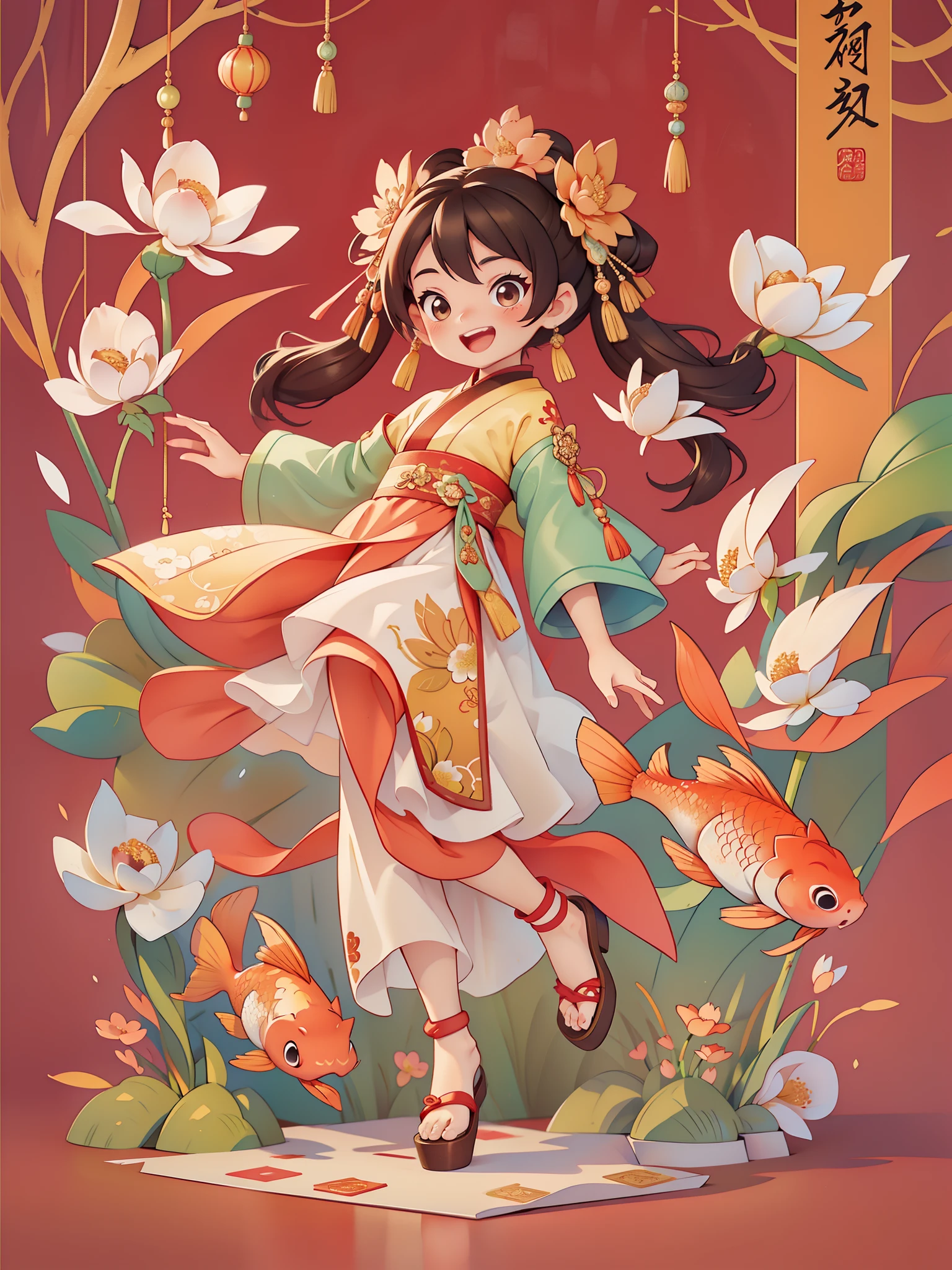 Create a series of Chinese New Year themed greeting cards,(masterpiece),(best quality),(official art),(Beauty and aesthetics:1.2),Two exquisite koi fish surround a cute little girl,Little girls must wear(Chinese fabric:1.2)exquisite classical hanfu,long sleeves,((long skirt)),She has brown twintails,Smiling happily to the audience,open mouth,All greeting cards should follow the same Chinese red pattern with a solid color background and be complete within the image, exhibit (whole body: 1.5),She must have a dark brown round head. Your eyes should be large and expressive,long eyelashes and rosy cheeks,Smile is delicate and white,elegant movements,Bonito Advanced Certificate, Hair texture and details,Make the picture more Chinese style.