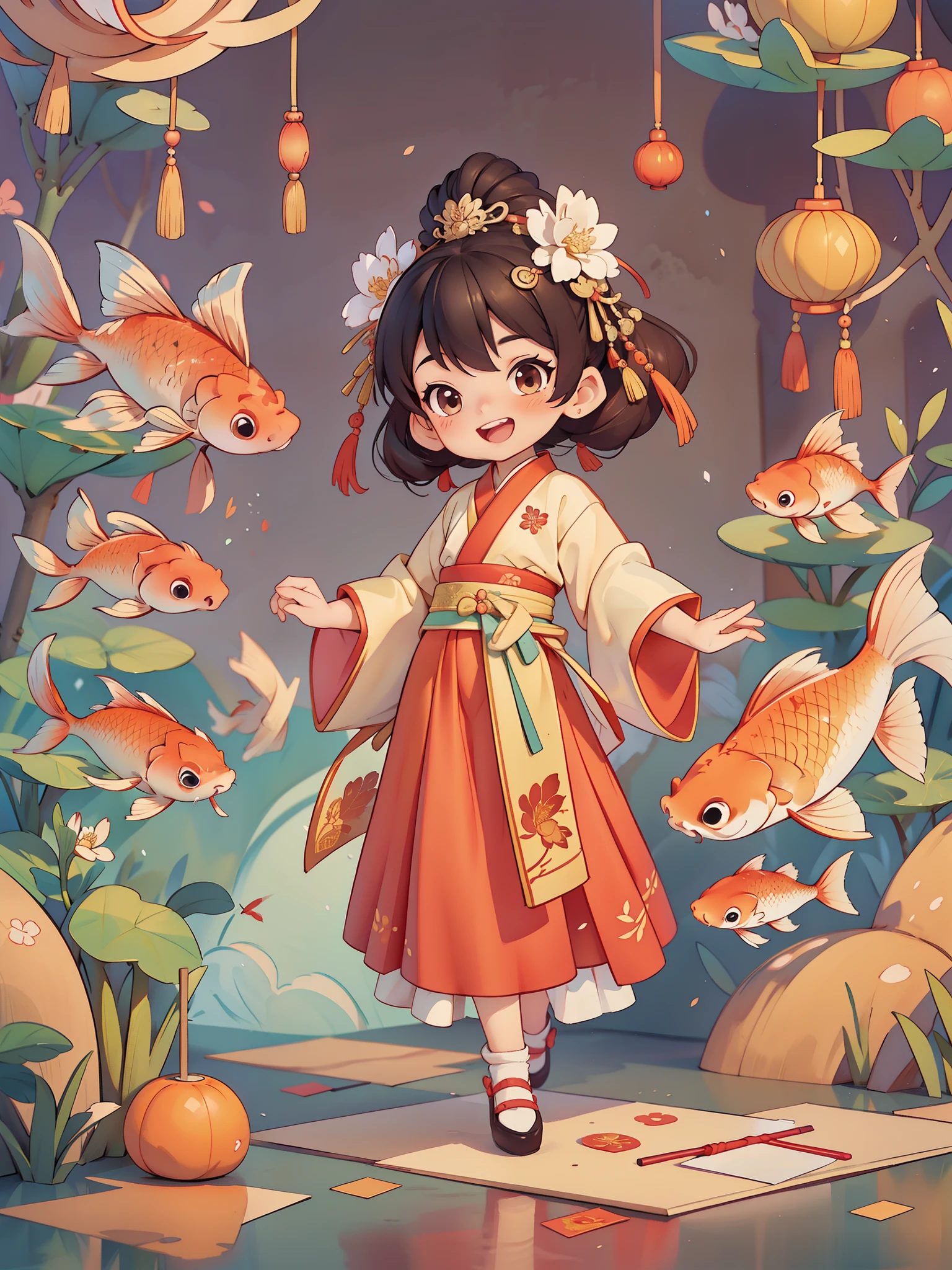 Create a series of Chinese New Year themed greeting cards，（masterpiece)，(best quality)，(official art)，(Beauty and aesthetics:1.2)，Two exquisite koi fish surround a cute little girl，Little girls must wear(Chinese fabric:1.2)exquisite classical hanfu，long sleeves，((long skirt))，She has brown twintails，Smiling happily to the audience，open mouth，All greeting cards should follow the same Chinese red pattern with a solid color background and be complete within the image, exhibit (whole body: 1.5)，She must have a dark brown round head. Your eyes should be large and expressive，long eyelashes and rosy cheeks，Smile is delicate and white，elegant movements，Bonito Advanced Certificate, Hair texture and details，Make the picture more Chinese style.