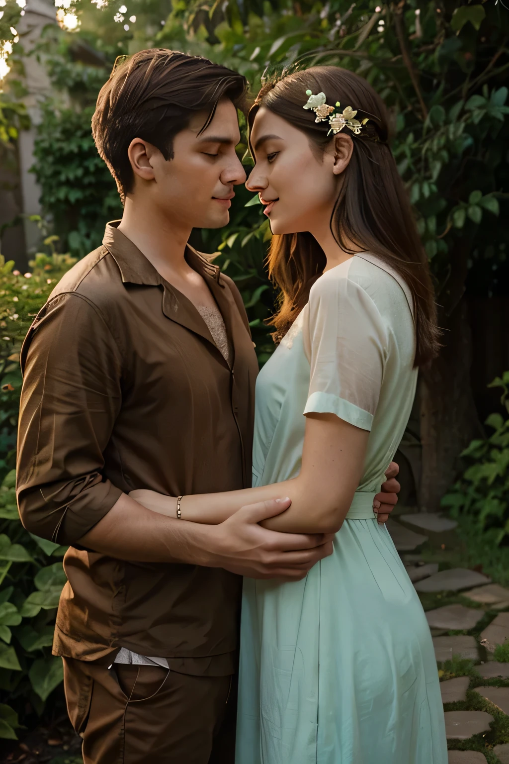 Location: Lush garden at dusk.
Ambience: Enchanting, with evening bird songs.
Couple's Expression: Playful and tender.
Visual: Close-up of hands gently touching flowers, then each other.
Dress: Earthy tones, greens and browns.