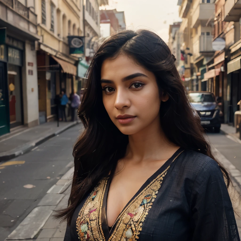 Prompt - ultra-realistic photographs,Indian Instagram female model,mid 20s,9:16,mid-shot,beautiful detailed eyes,detailed lips,longeyelashes,long black wavy hair, naturally full eyebrows,perfectly formed nose,expressive face,attractive appearance, large bosom
candid photo,vibrant and colorful frock, heavily 
embroidered, golden hour street background, serene atmosphere,stunning architecture,soft and natural lighting,vivid colors,photorealistic, HDR,highres,studio lighting,ultra-detailed,bokeh,fully covered clothes 