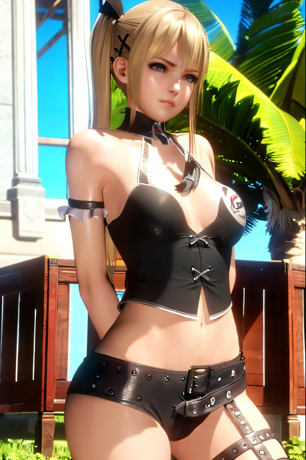 Nsfw, Marie rose, (detailed eyes), (delicate skin), best quality, Best Desinger, Best illustration, (foto fotorrealista: 1.3), (pele com alto detalhe:1.2), 8k UHD, dslr, alta qualidade, alta resolução, arms behind back, big breasts, metal collar, navel, bare nipples