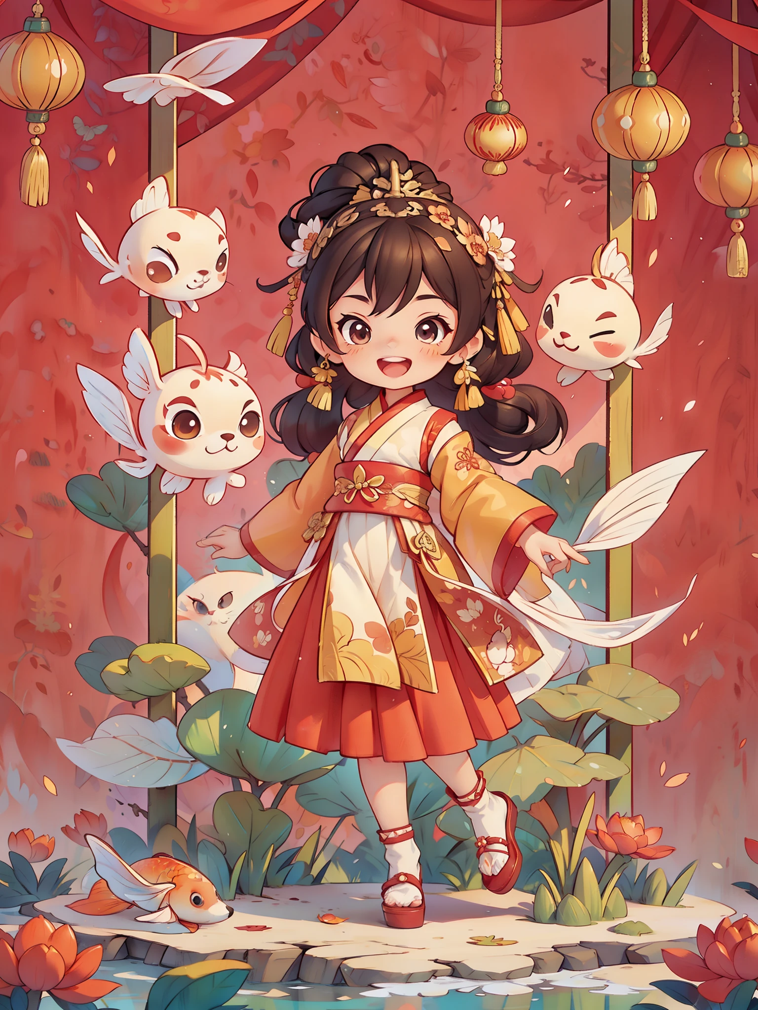 Create a series of Chinese New Year themed greeting cards,(masterpiece),(best quality),(official art),(Beauty and aesthetics:1.2),Two exquisite koi fish surround a cute girl,Little must wear(Chinese fabric:1.2)exquisite classical hanfu,long sleeves,((long skirt)),She has brown twintails,Smiling happily to the audience,open mouth,All greeting cards should follow the same Chinese red pattern with a solid color background and be complete within the image, exhibit (whole body: 1.5),She must have a dark brown round head. Your eyes should be large and expressive,long eyelashes and rosy cheeks,Smile is delicate and white,elegant movements,Bonito Advanced Certificate, Hair texture and details,Make the picture more Chinese style.