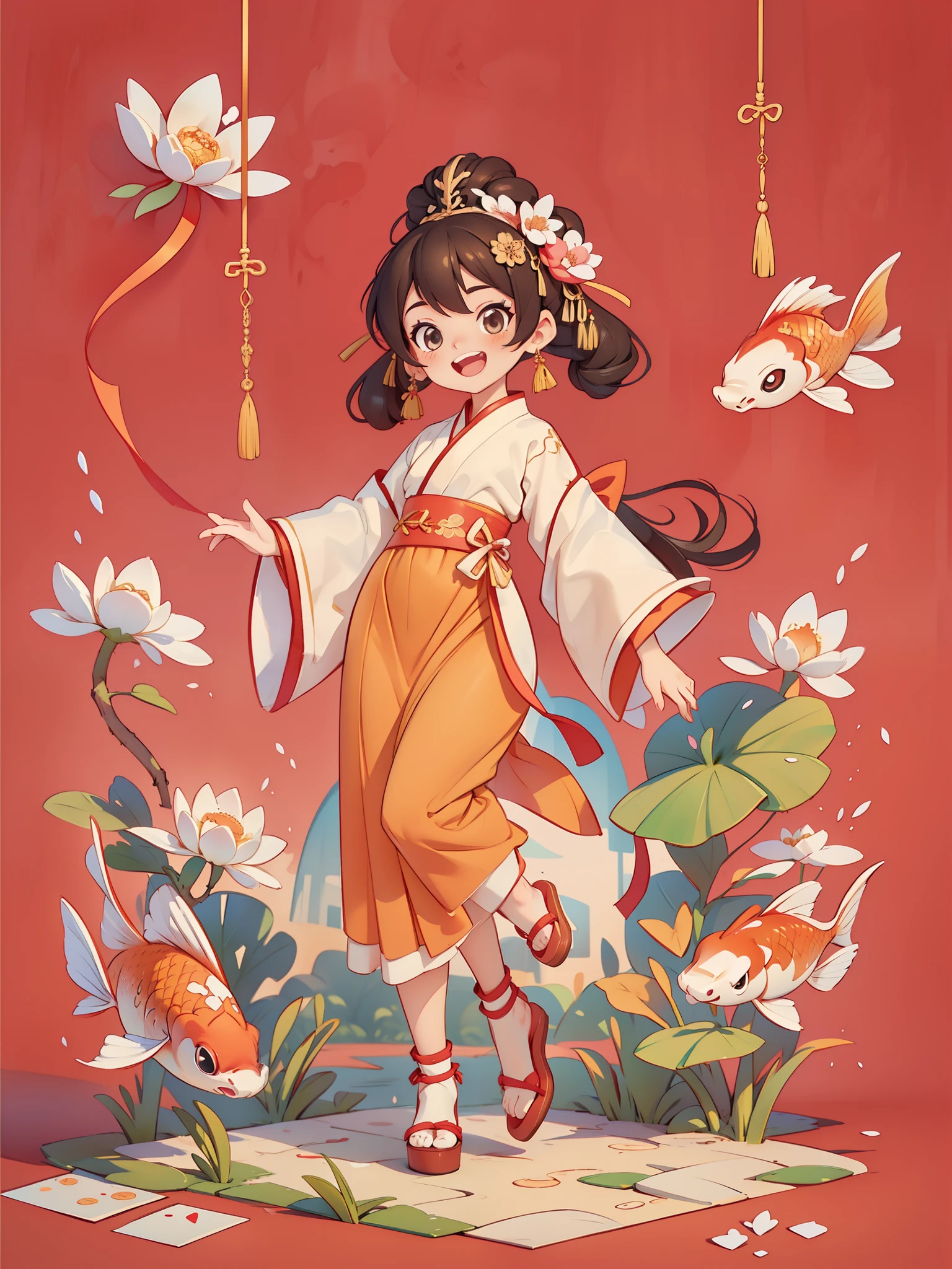 Create a series of Chinese New Year themed greeting cards,(masterpiece),(best quality),(official art),(Beauty and aesthetics:1.2),Two exquisite koi fish surround a cute girl,Little must wear(Chinese fabric:1.2)exquisite classical hanfu,long sleeves,((long skirt)),She has brown twintails,Smiling happily to the audience,open mouth,All greeting cards should follow the same Chinese red pattern with a solid color background and be complete within the image, exhibit (whole body: 1.5),She must have a dark brown round head. Your eyes should be large and expressive,long eyelashes and rosy cheeks,Smile is delicate and white,elegant movements,Bonito Advanced Certificate, Hair texture and details,Make the picture more Chinese style.