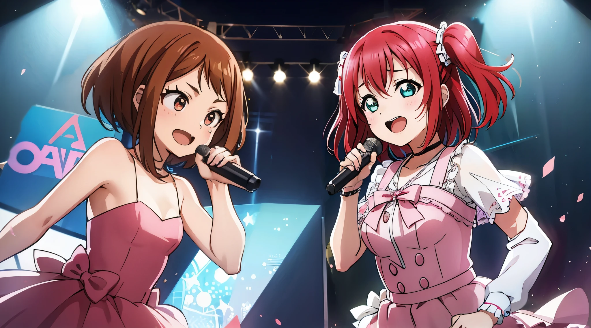 Ruby kurosawa, aqua eyes, medium hair, red hair, two side up, twintails,  sing use microphone 