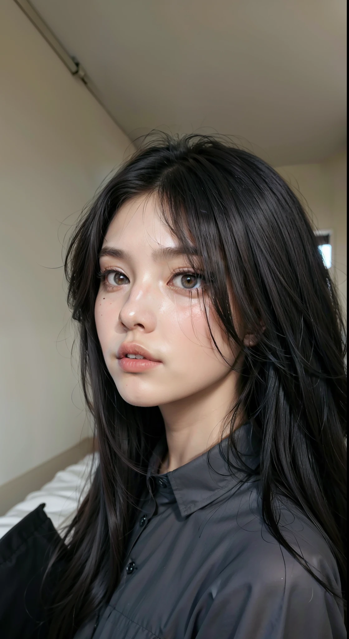 a close up of an Asian woman with long black hair and a black button-down shirt, cabelo preto e olhos grandes, aykut aydogdu, rosto perfeito ), cabelos pretos e olhos castanhos, garota persa de pele clara, cabelo preto rosto bonito, Cabelos pretos naturais extra-escuros, com cabelo preto liso, cabelo preto longo com franja, Anastasia Ovchinnikova