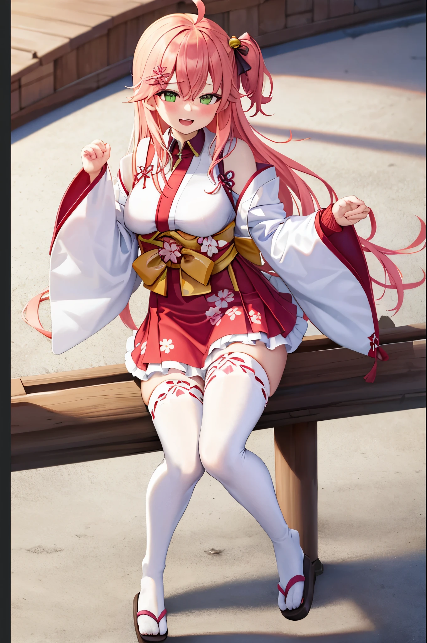 masterpiece, best quality, highres, sakura_miko, 1girl, (:1.3),medium_breasts, kimono, solo, ahoge, x_hair_ornament, pink_hair, floral print, hairclip,(side_less_clothes:1.3), (side_breasts:1.3), hair_bell, floral print, long_hair, hair between eyes, one side up, white_thighhighs, wide sleeves, open_mouth,(happy:1.3),green_eyes,smile,apart_legs,(overly_long_sleeves:1.3),),sleeves_past_wrists,hands_hidden_sleeves,sidelock_clothes,solo,hidden_wrists,(XD:1.5),covered_nipples,sunlight,(bare_flank:1.3),boots,open_mouth,kimono,close_eyes,.