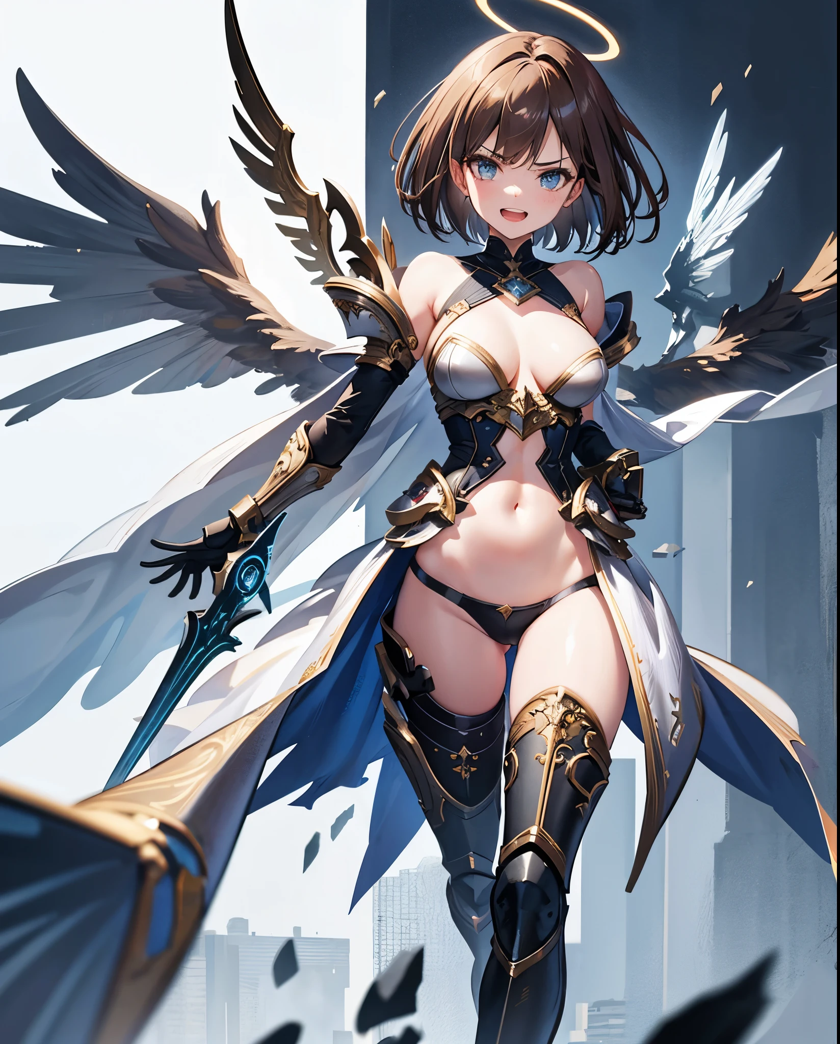 fantasy, 1angel_girl,, ,brown_hair, medium_bob_hair, long_bangs, halo,bare_shoulder,thighhighs,silver_armor, waist_armor, large_breasts,angry,grinning,open_mouth_teeth, 1pair_wings, dynamic_pose_fighting,floating, bare_crotch, headgear,gauntlet, greaves,city_sky_background,slightly_spread_legs, solo, groin_naked,