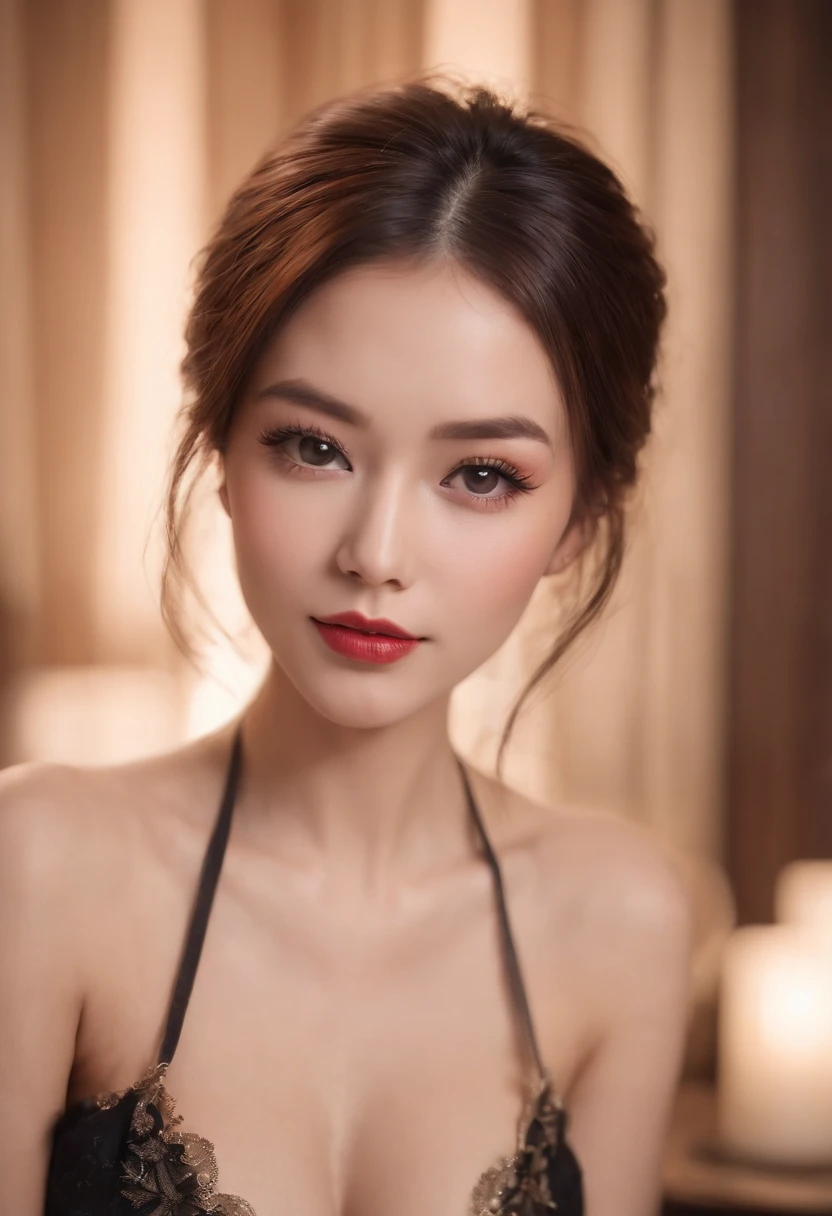 (Best quality,Ultra-detailed,Realistic:1.37),Portrait,Girl,Beautiful detailed face,Long eyelashes,Seductive gaze,Perfect lips,Radiant complexion,Stunning figure,Korean underwear,Black stockings,High heels with stiletto heels,tattooed body,Wearing a collar,Dance in vibrant clubs,incredibly detailed,surrealism,gentlesoftlighting,Vivid colors