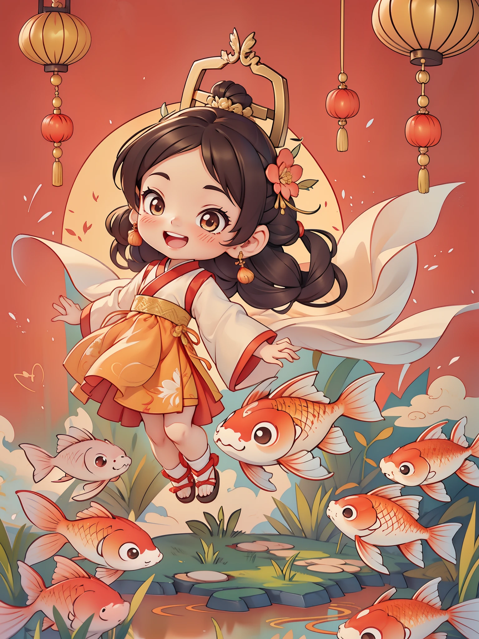 Create a series of Chinese New Year themed greeting cards,(masterpiece),(best quality),(official art),(Beauty and aesthetics:1.2),Two exquisite koi fish surround a cute little girl,Little girls must wear(Chinese fabric:1.2)exquisite classical hanfu,long sleeves,((long skirt)),She has brown twintails,Smiling happily to the audience,open mouth,All greeting cards should follow the same Chinese red pattern with a solid color background and be complete within the image, exhibit (whole body: 1.5),She must have a dark brown round head. Your eyes should be large and expressive,long eyelashes and rosy cheeks,Smile is delicate and white,elegant movements,Bonito Advanced Certificate, Hair texture and details,Make the picture more Chinese style.