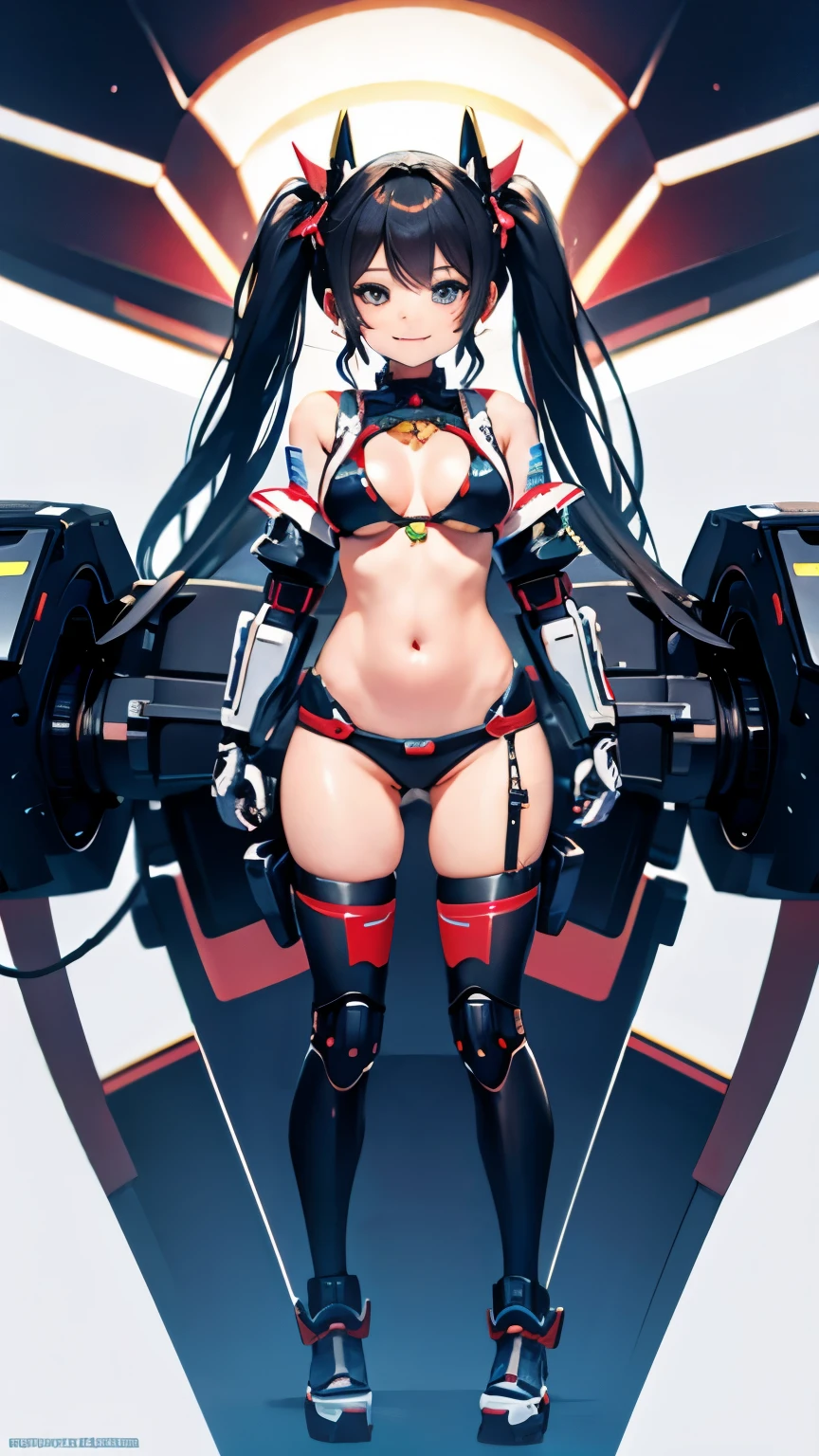 (4K), (highest quality), (best details), (surreal), Japanese,girl,smile,thighs:1.2,twin tails:1.5:operating a robot,Full body Esbian:1.5,bikini armor,villain:1.5