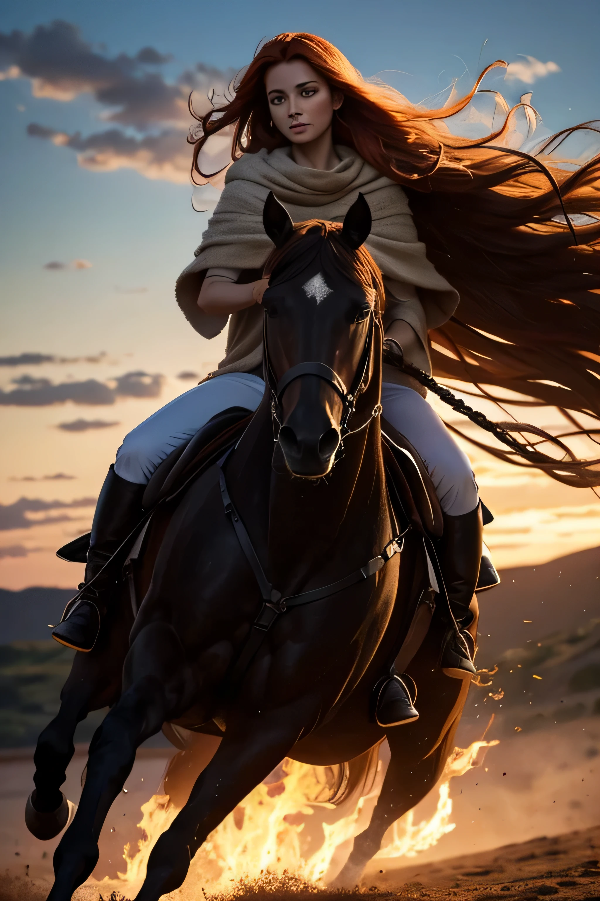 A full body photograph of an orange-haired Dark tanned European woman, with windswept tresses, naked-very-deep-low-cut Poncho, riding on a Palomo horse, her hair entangled like flames against a twilight sky, emanating untamed beauty. no saddle, ((Best quality)), ((masterpiece)), ((realistic)), ethereal grace, masterpiece, high quality, love, hope, grace, -