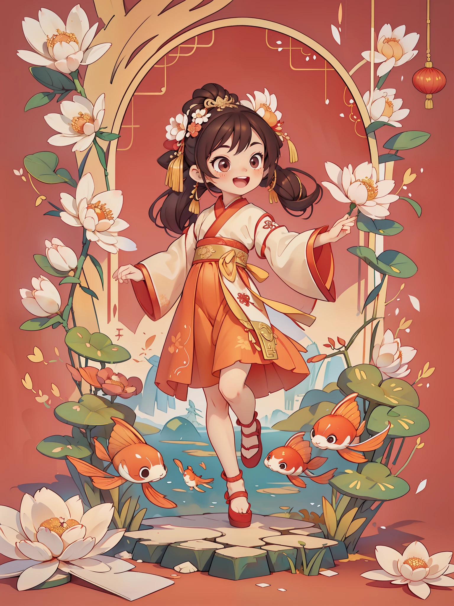 Create a series of Chinese New Year themed greeting cards,(masterpiece),(best quality),(official art),(Beauty and aesthetics:1.2),Two exquisite koi fish surround a cute little girl,Little girls must wear(Chinese fabric:1.2)exquisite classical hanfu,long sleeves,((long skirt)),She has brown twintails,Smiling happily to the audience,open mouth,All greeting cards should follow the same Chinese red pattern with a solid color background and be complete within the image, exhibit (whole body: 1.5),She must have a dark brown round head. Your eyes should be large and expressive,long eyelashes and rosy cheeks,Smile is delicate and white,elegant movements,Bonito Advanced Certificate, Hair texture and details,Make the picture more Chinese style.