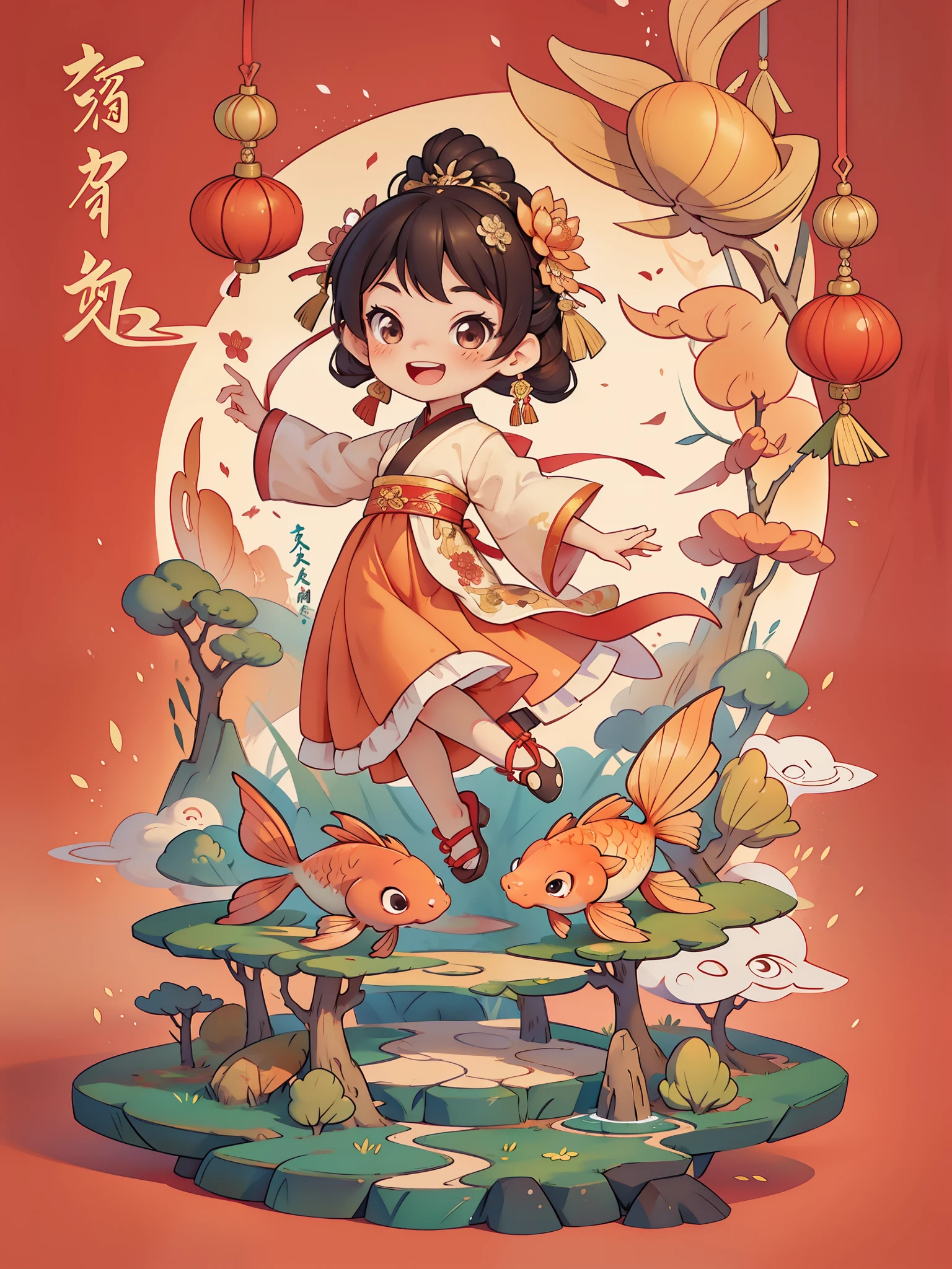 Create a series of Chinese New Year themed greeting cards,(masterpiece),(best quality),(official art),(Beauty and aesthetics:1.2),Two exquisite koi fish surround a cute ,Little girl(Chinese fabric:1.2)exquisite classical hanfu,long sleeves,((long skirt)),She has brown twintails,Smiling happily to the audience,open mouth,All greeting cards should follow the same Chinese red pattern with a solid color background and be complete within the image, exhibit (whole body: 1.5),She must have a dark brown round head. Your eyes should be large and expressive,long eyelashes and rosy cheeks,Smile is delicate and white,elegant movements,Bonito Advanced Certificate, Hair texture and details,Make the picture more Chinese style.