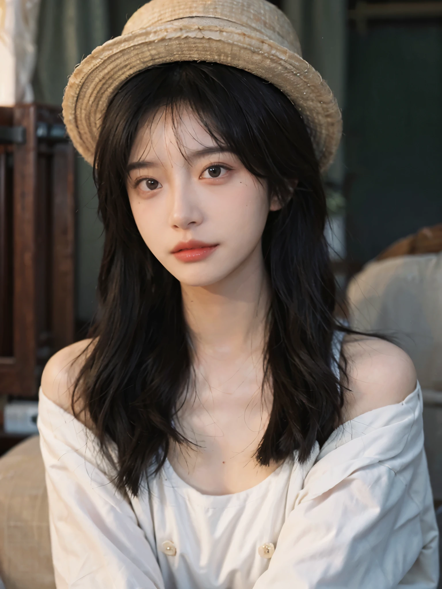 Film portrait photography, 1 girl, bare shoulders,lipstick,Photos without makeup,(flat chest:1.4), Shoulder length wavy hair, Wear a hat,down jacket,serene, calm, (Realistic and detailed eyes, natural skin texture, Realistic facial details), Soft dramatic lighting, depth of field, Bokeh, Vibrant details, Detailed and detailed, surreal, 35mm film, hazy, ,